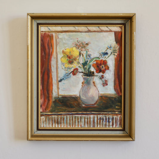 Vintage Art Room Floral Still Life Oil Painting From Sweden