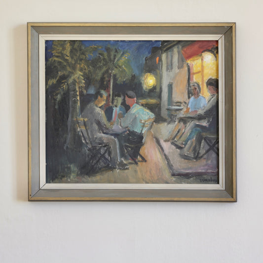 Mid Century 1950's Original Sidewalk Cafe Oil Painting