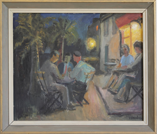 Mid Century 1950's Original Sidewalk Cafe Oil Painting