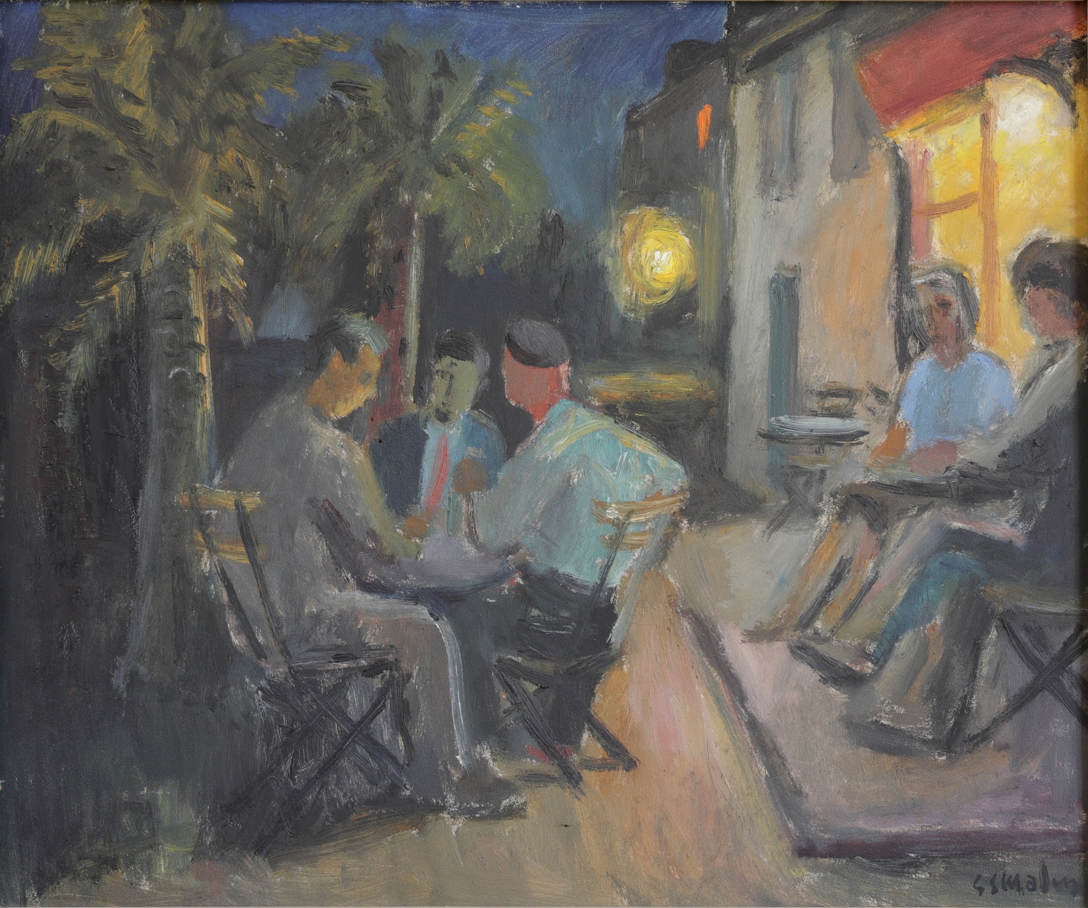 Mid Century 1950's Original Sidewalk Cafe Oil Painting