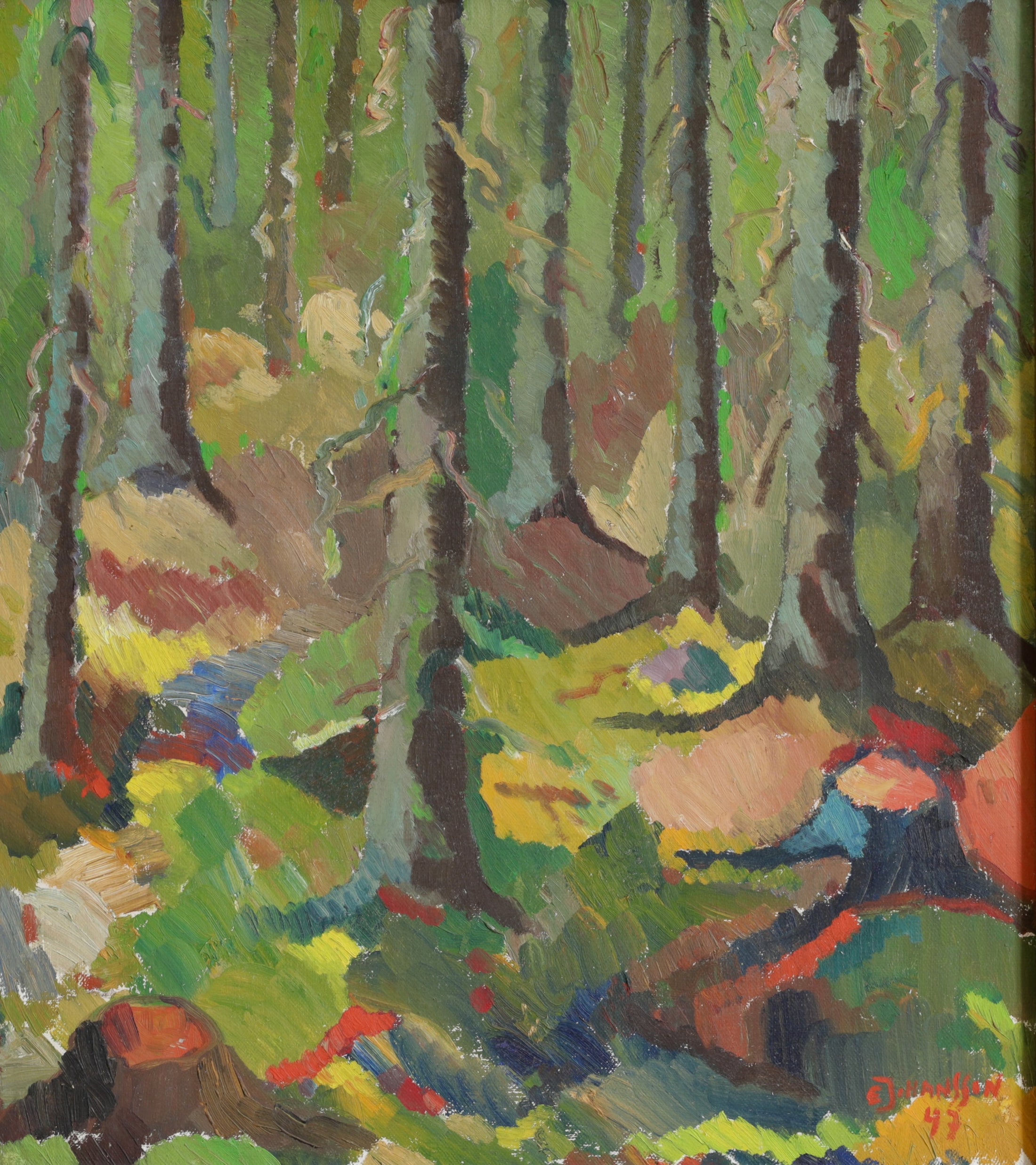 1940's Mid Century Oil Painting of Colorful Woods from Sweden