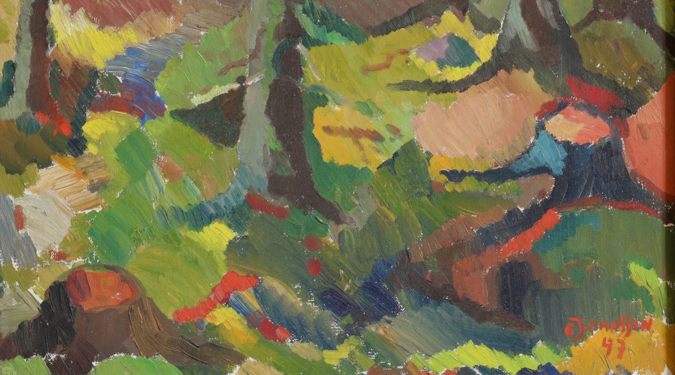 1940's Mid Century Oil Painting of Colorful Woods from Sweden