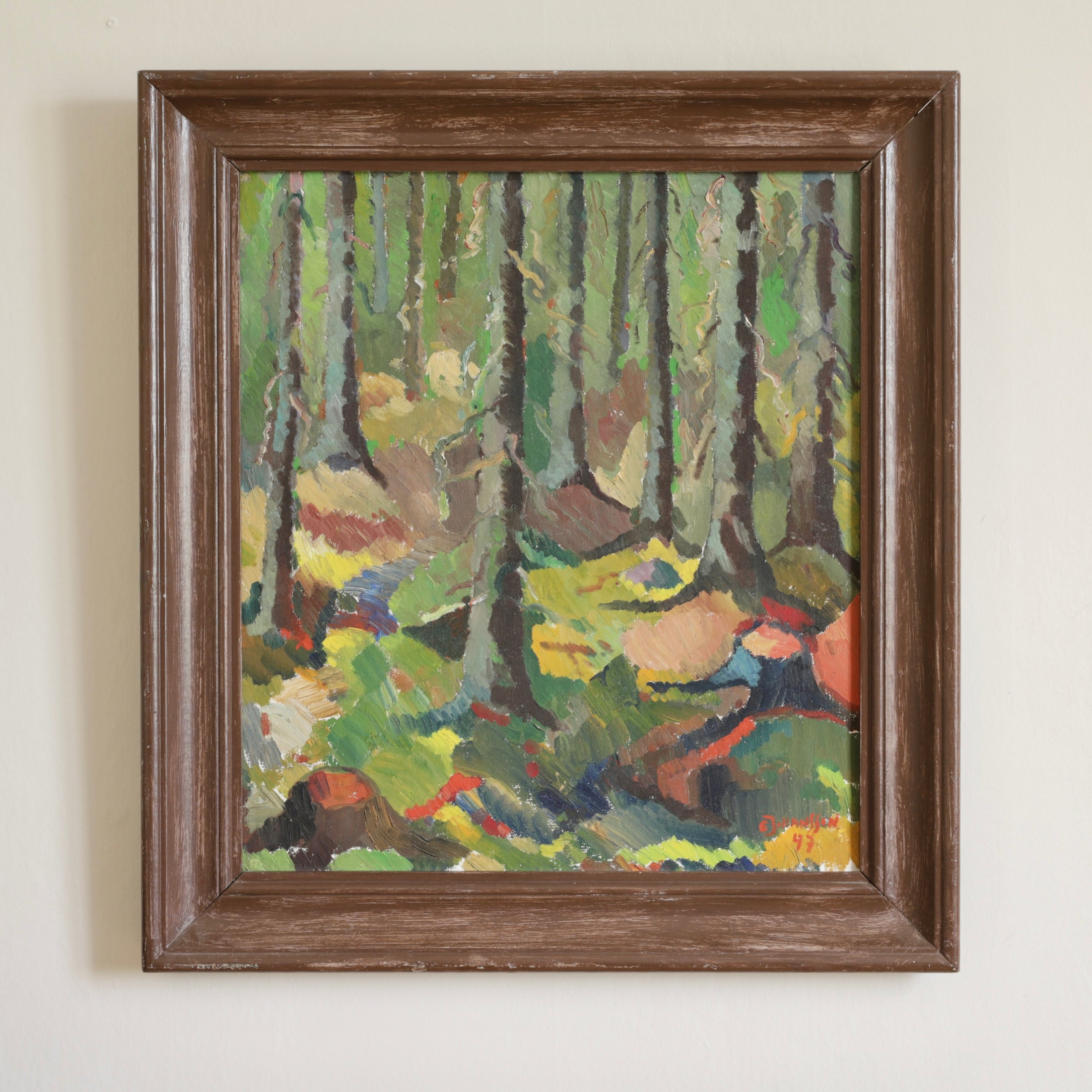 1940's Mid Century Oil Painting of Colorful Woods from Sweden