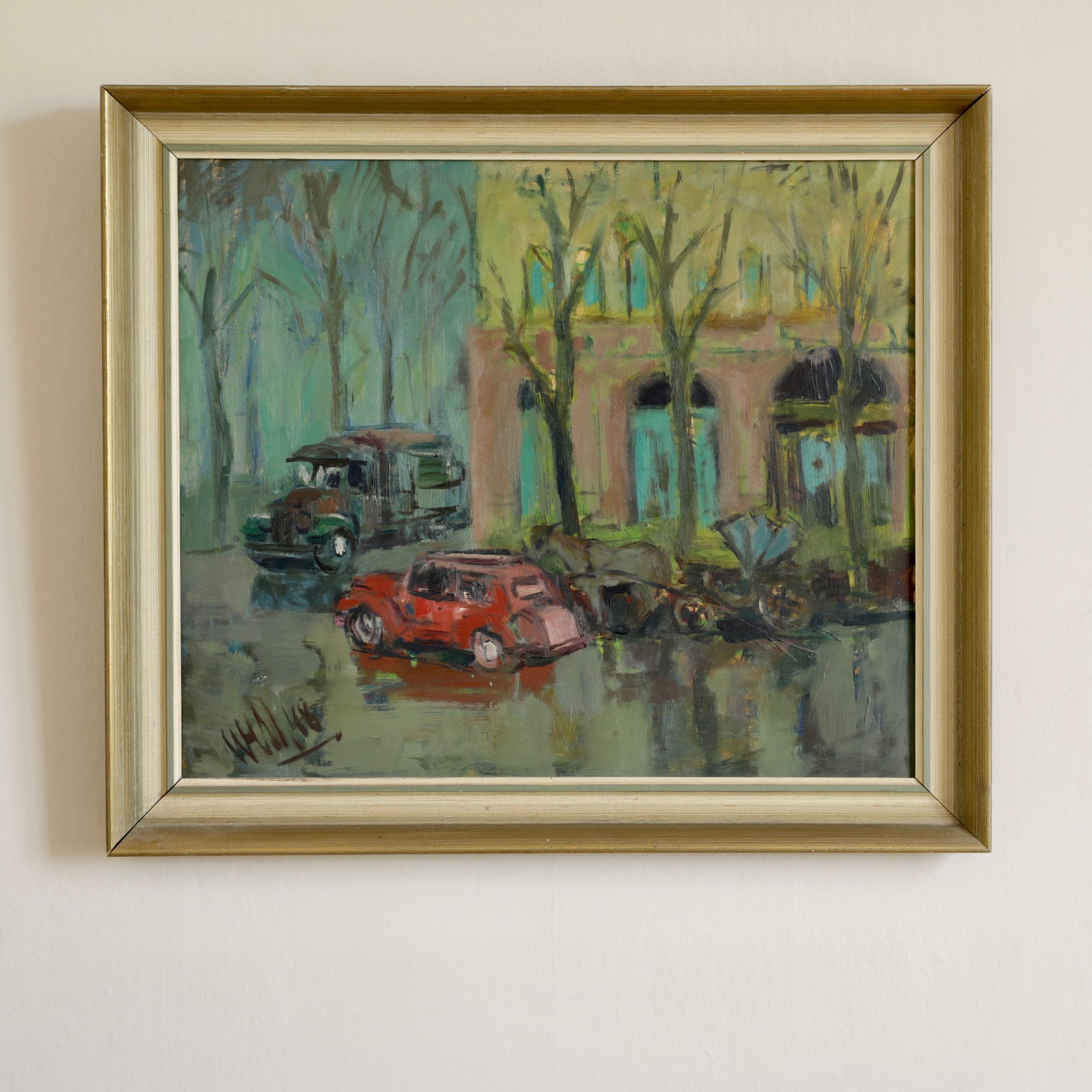Original Vintage 1940's Cityscape Oil Painting