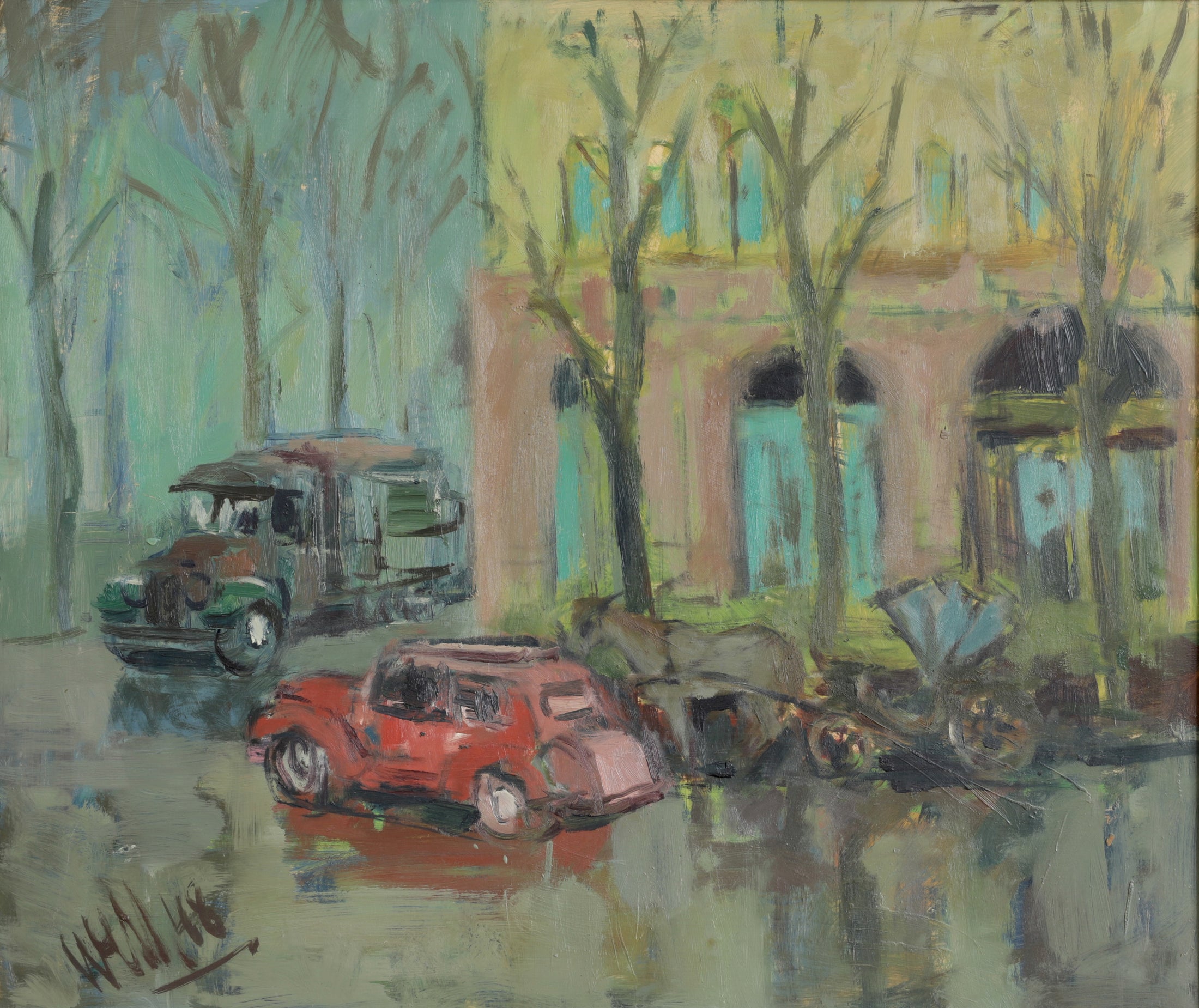 Original Vintage 1940's Cityscape Oil Painting