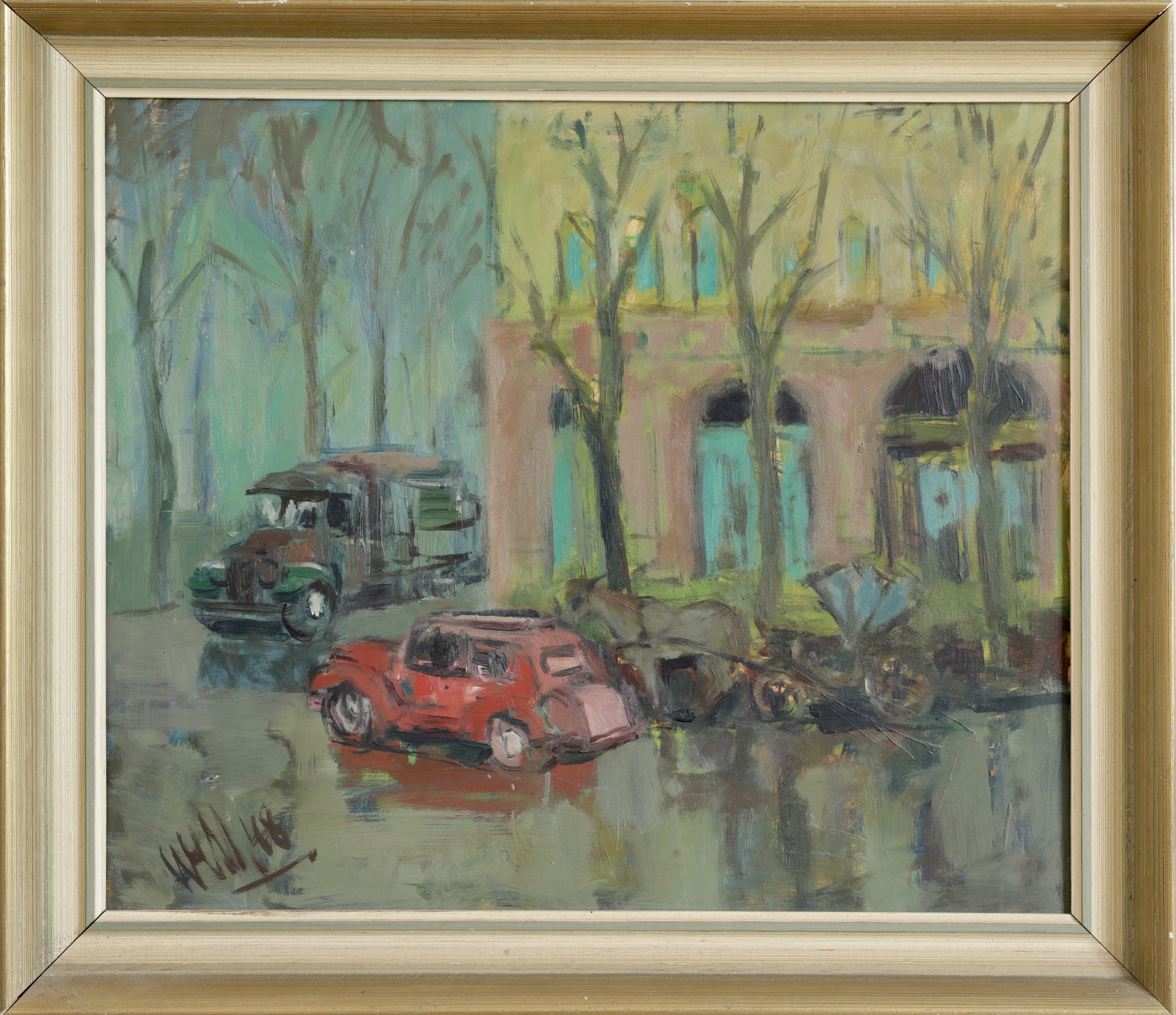 Original Vintage 1940's Cityscape Oil Painting