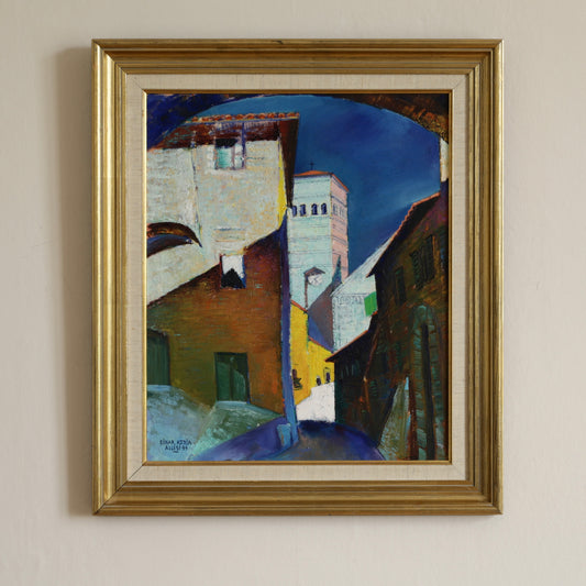 1950's Vintage Art Original Cityscape Oil Painting from Sweden