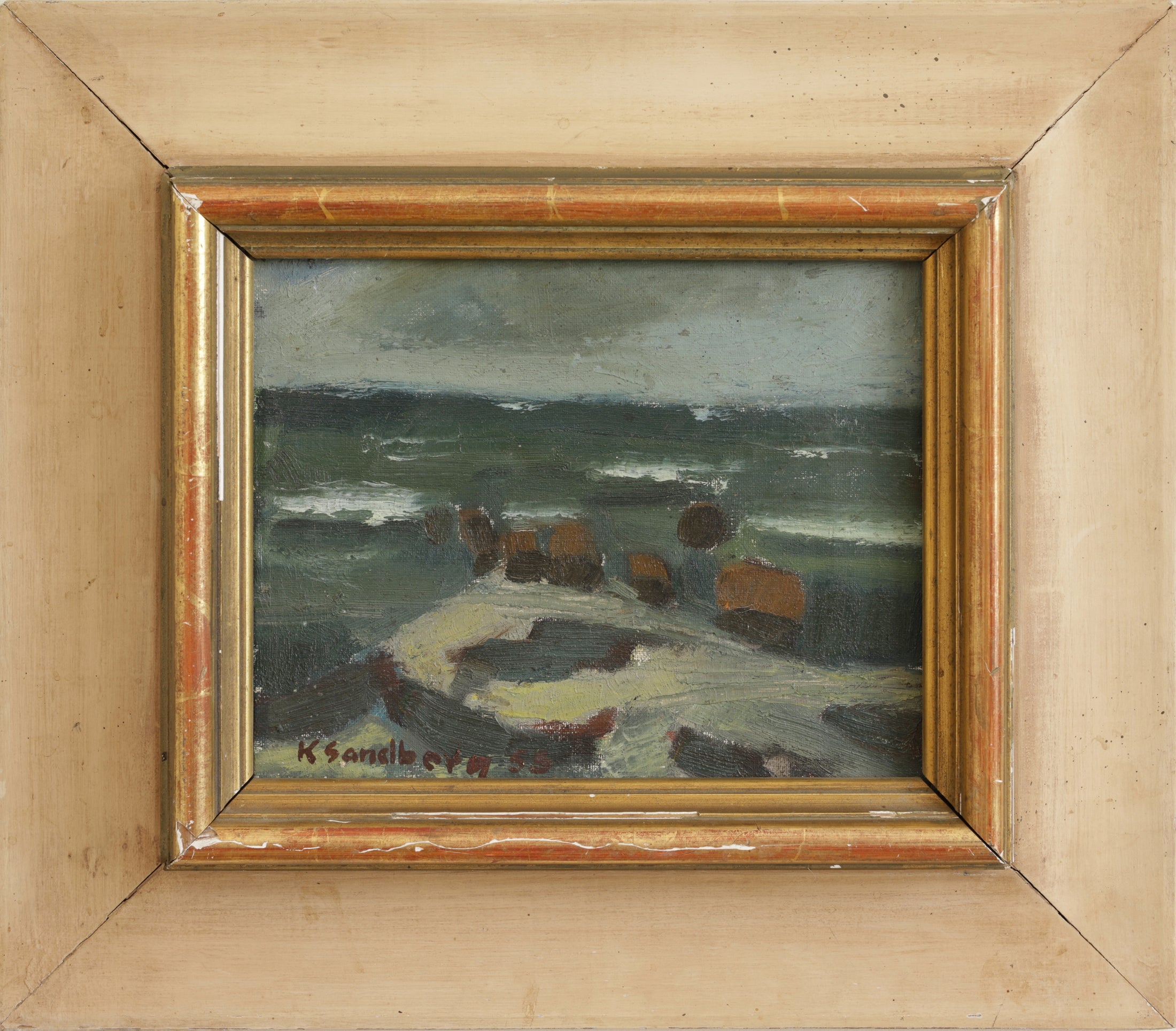 Original Mid Century 1955 Seascape Oil Painting Vintage Art Room Sweden
