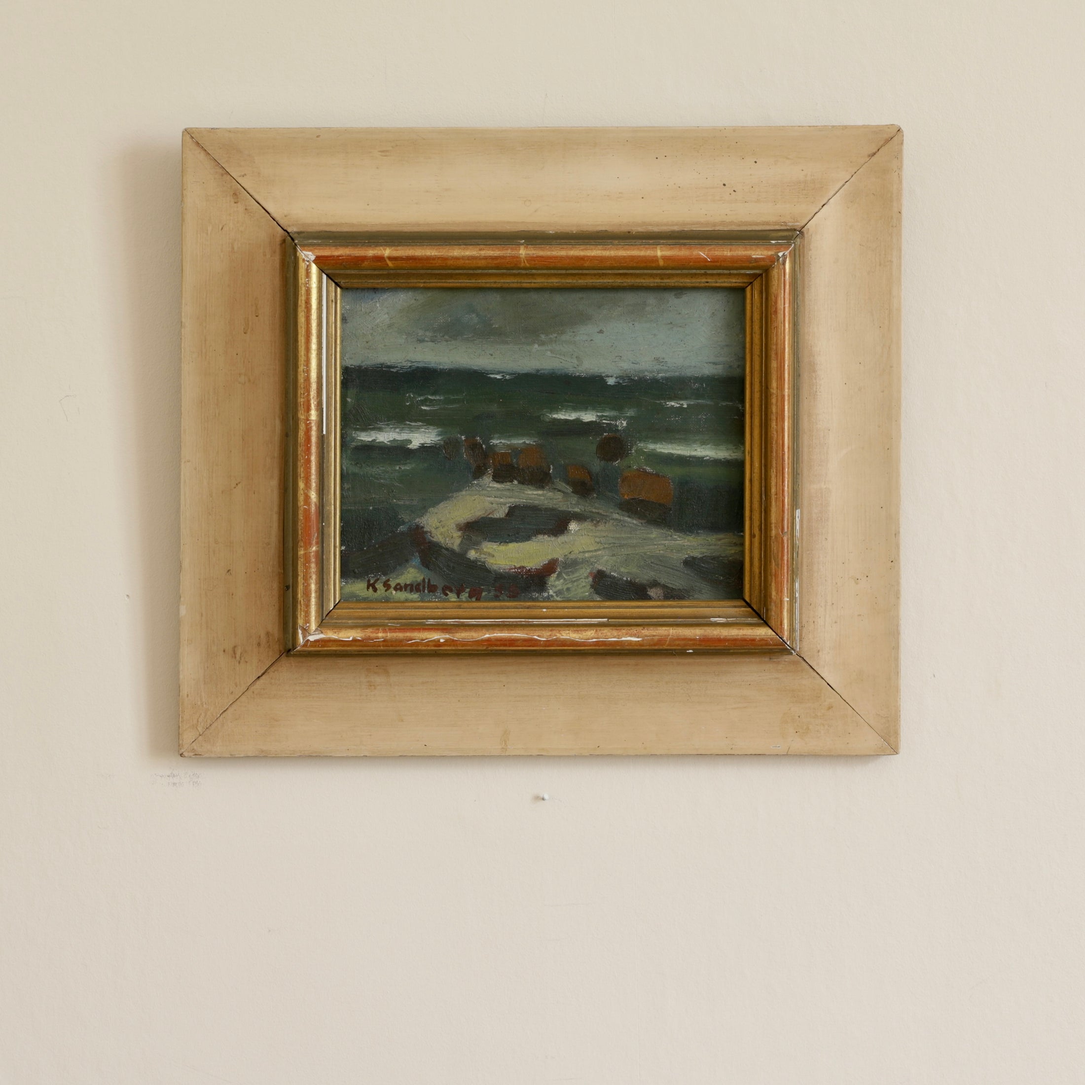 Original Mid Century 1955 Seascape Oil Painting Vintage Art Room Sweden