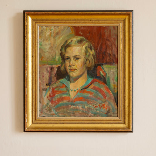 Vintage Original Girl's Portrait Oil Painting from Sweden