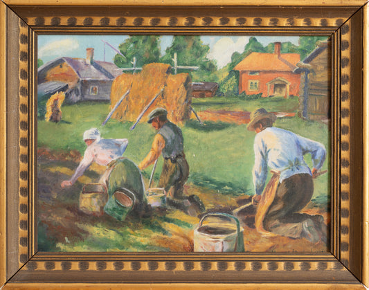 Original Vintage Colorful Harvest Oil Painting from Sweden