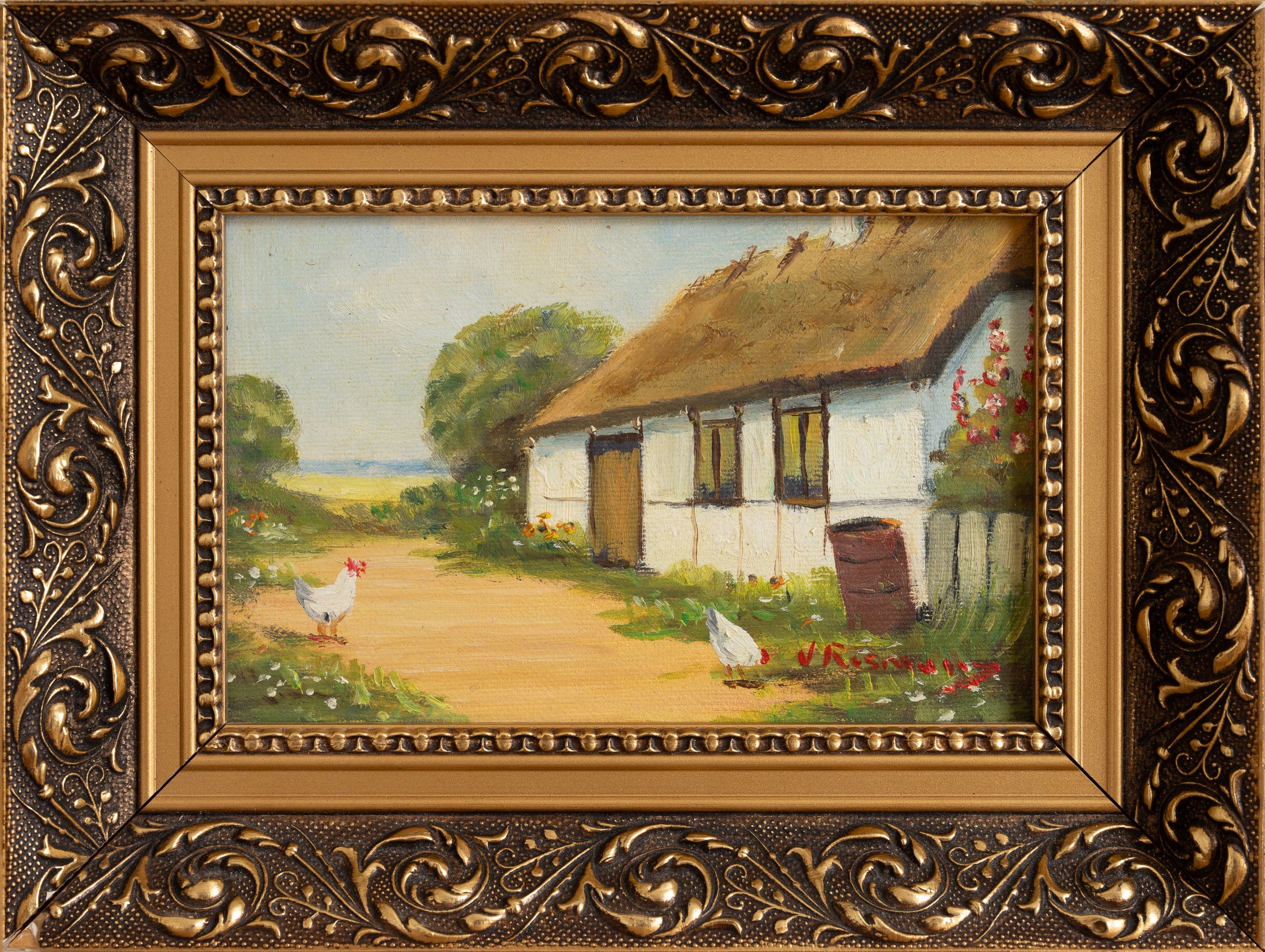 Vintage Pair Original Farmhouse Oil Paintings from Sweden