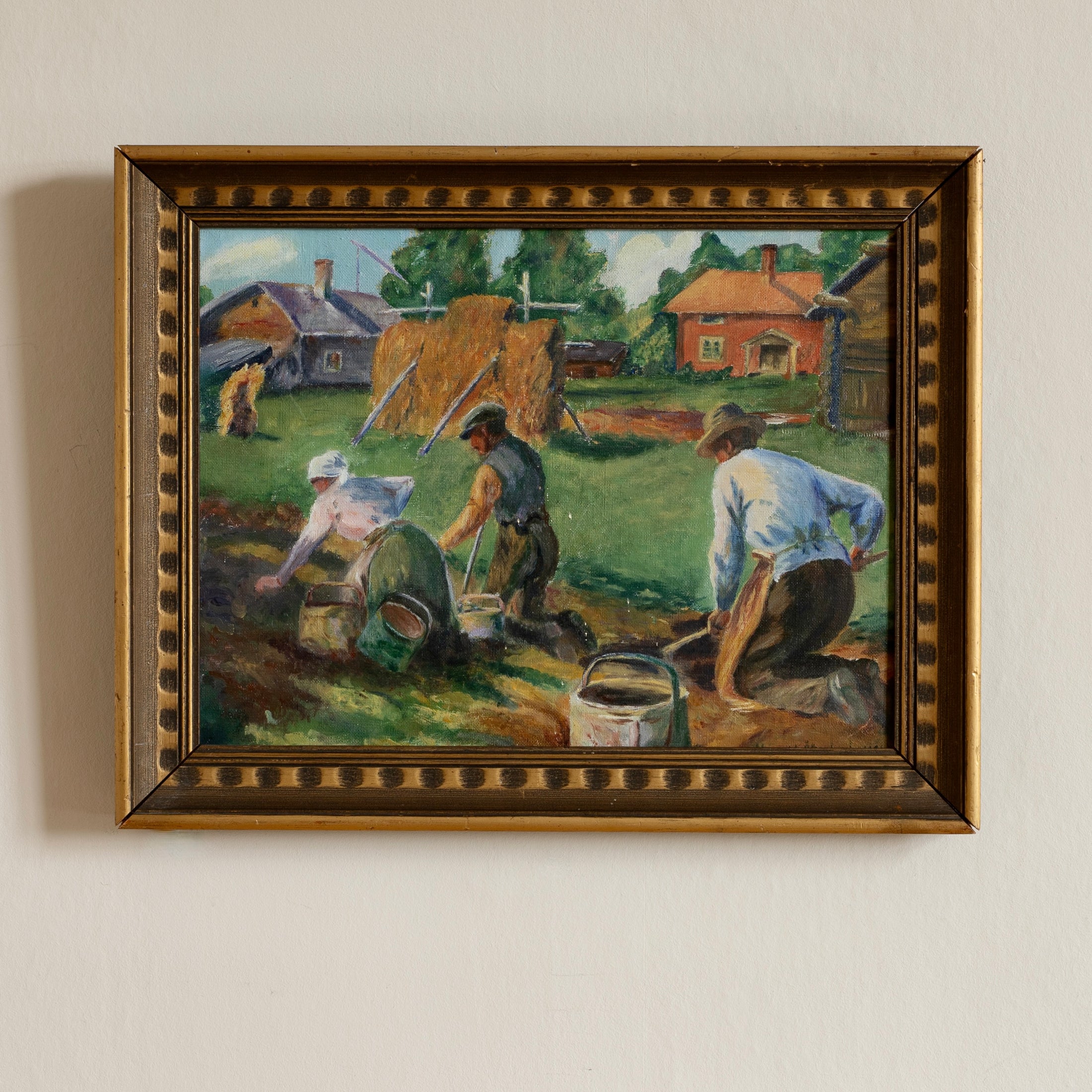 Original Vintage Colorful Harvest Oil Painting from Sweden