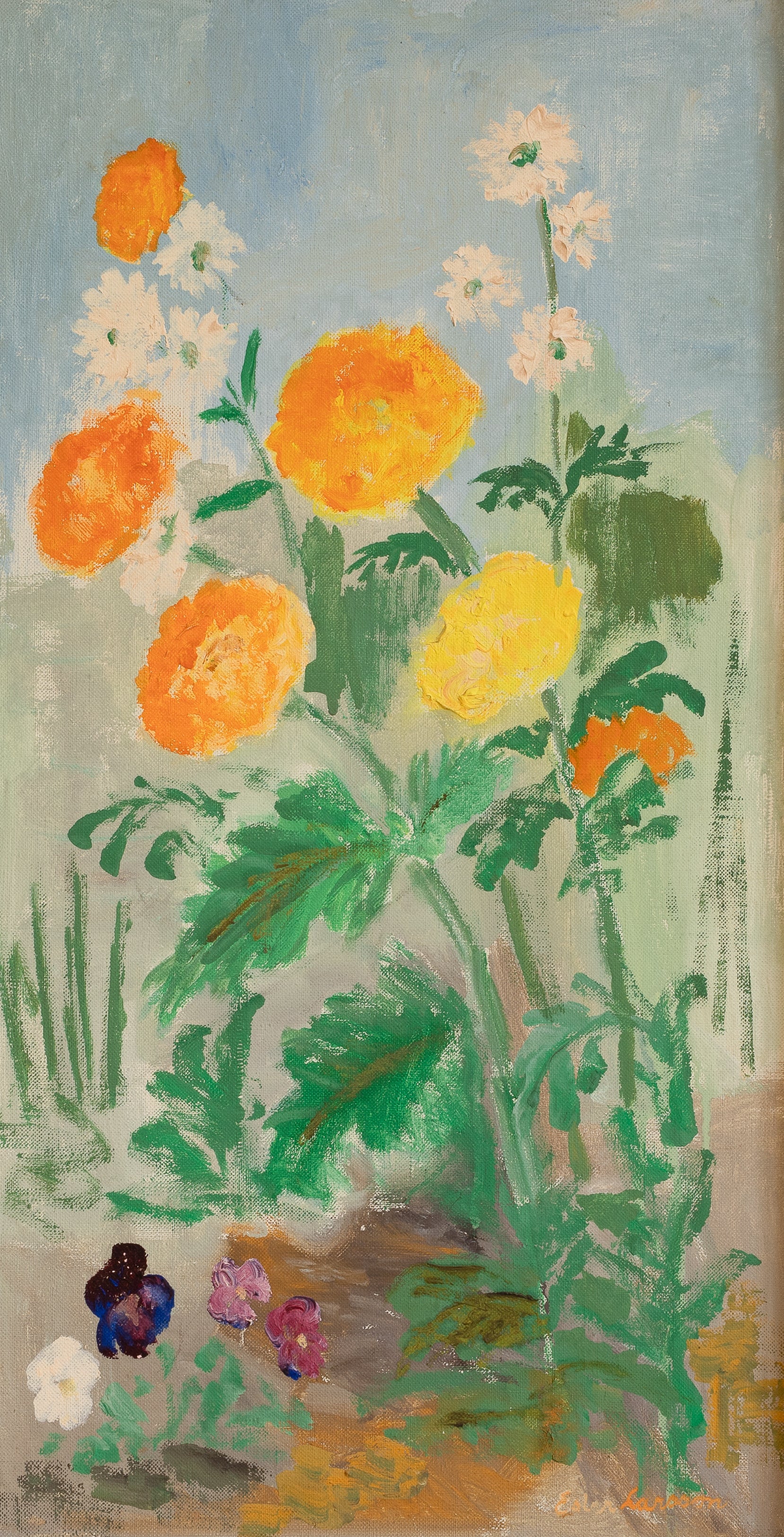 Vintage Mid Century Original Blooming Garden Oil Painting from Sweden