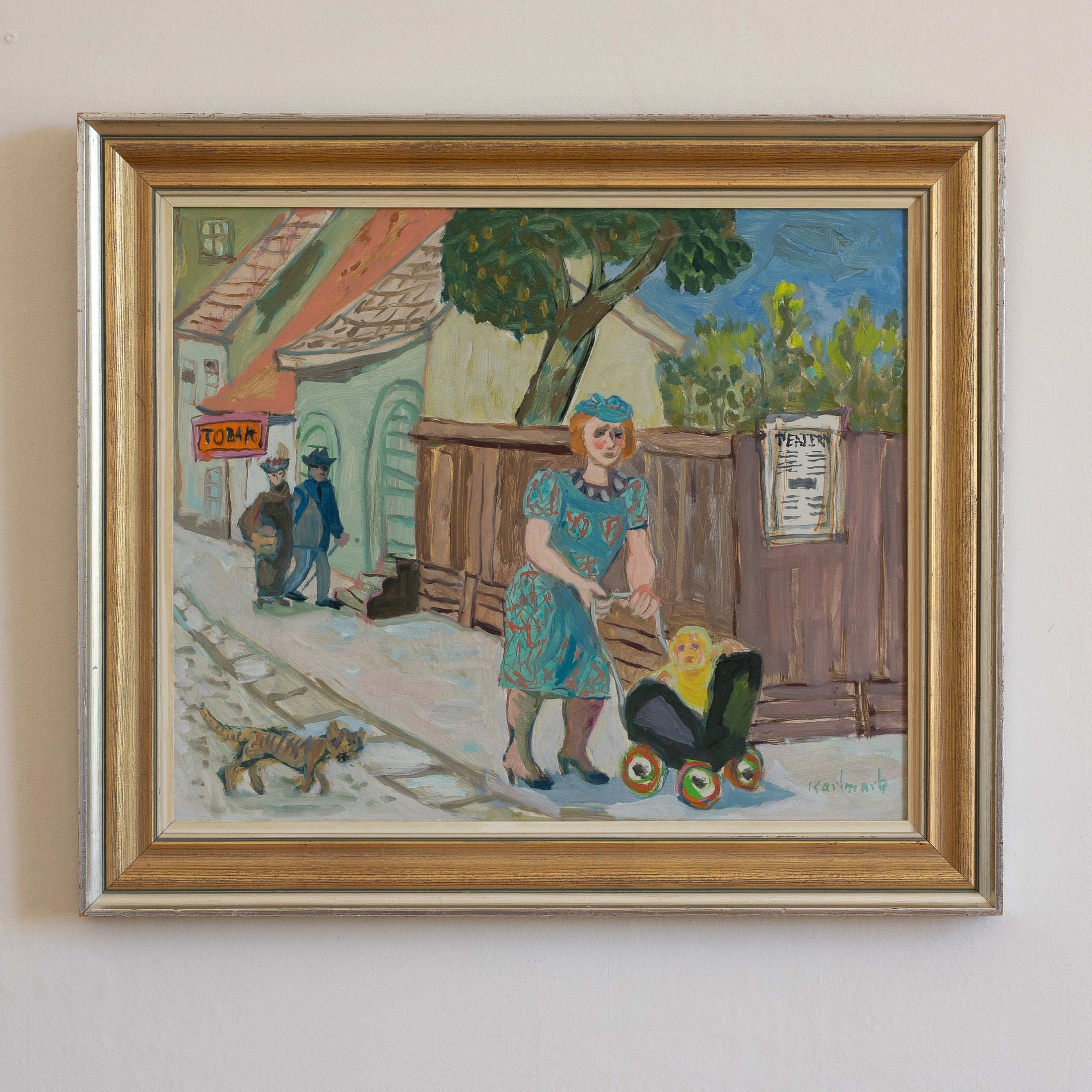 Vintage Art Original Village Oil Painting from Sweden