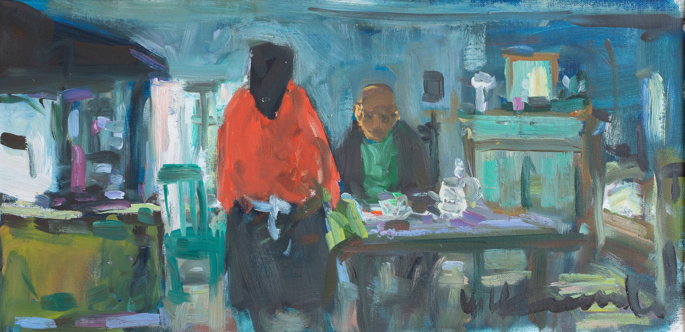Colorful Mid Century Original Interior Oil Painting From Sweden