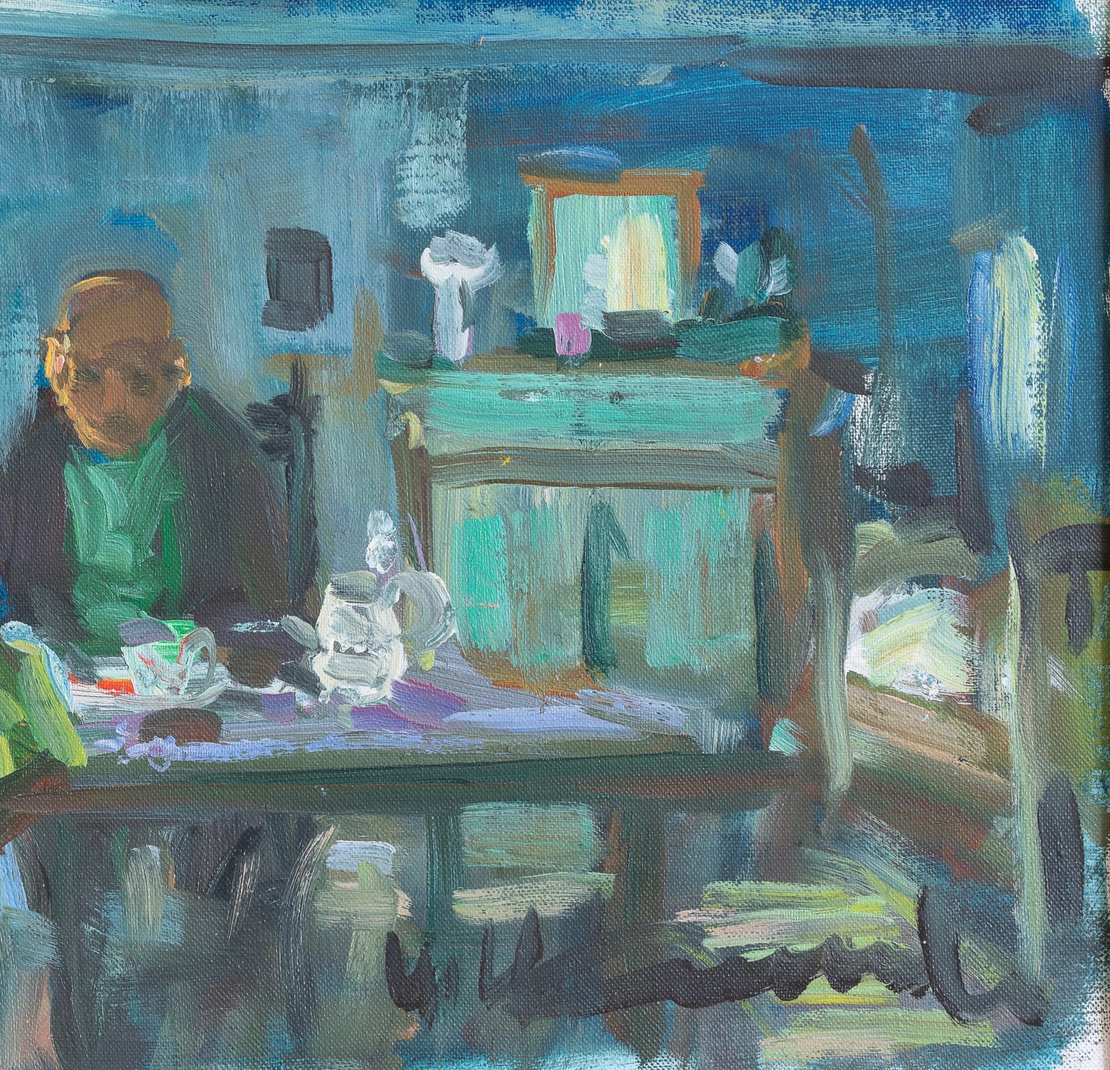 Colorful Mid Century Original Interior Oil Painting From Sweden