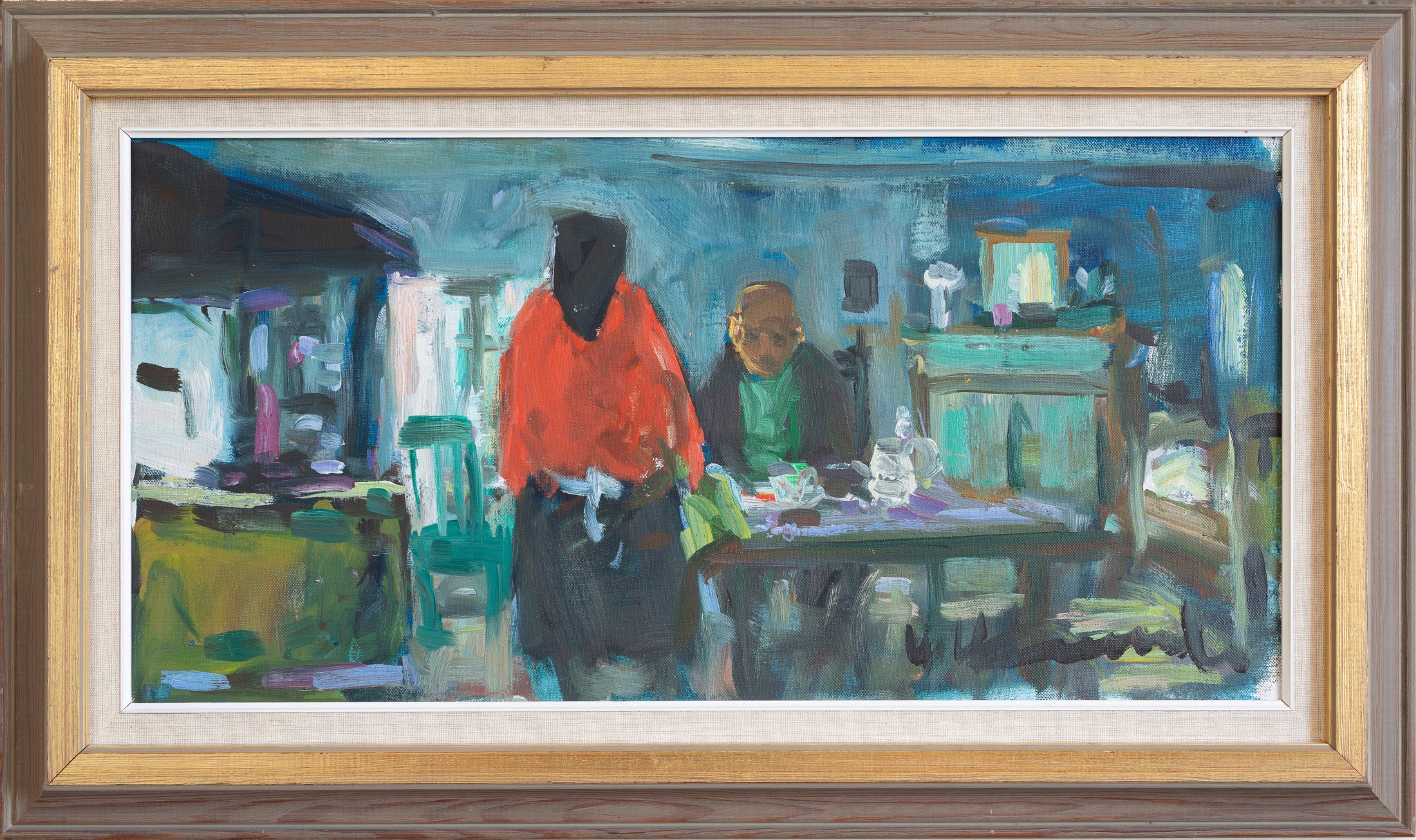 Colorful Mid Century Original Interior Oil Painting From Sweden