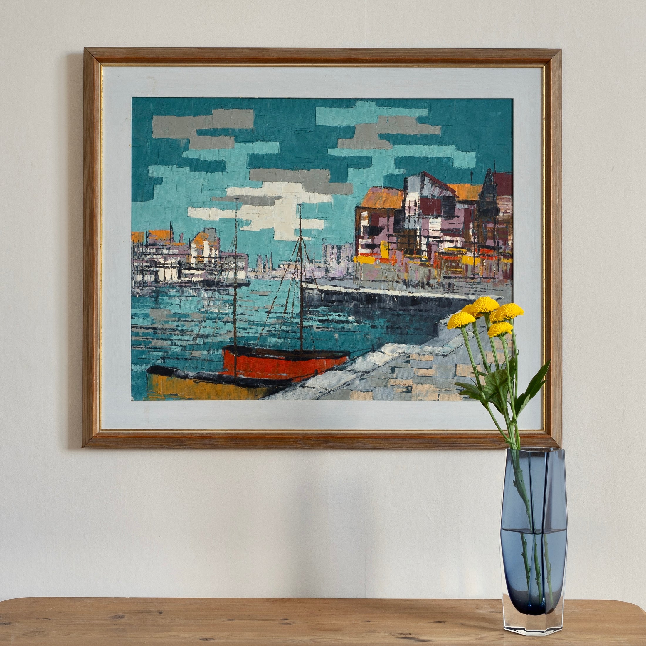 Colorful Original Mid Century Harbor Oil Painting from Sweden 1965