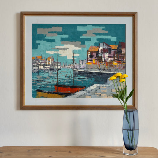 Colorful Original Mid Century Harbor Oil Painting from Sweden 1965