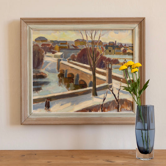 Vintage Art Mid Century Cityscape Oil Painting From Sweden