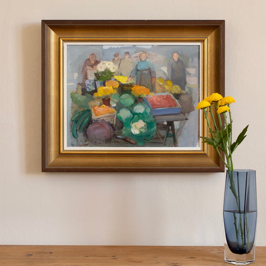 Colorful Vintage Oil Painting of Outdoor Market from Sweden