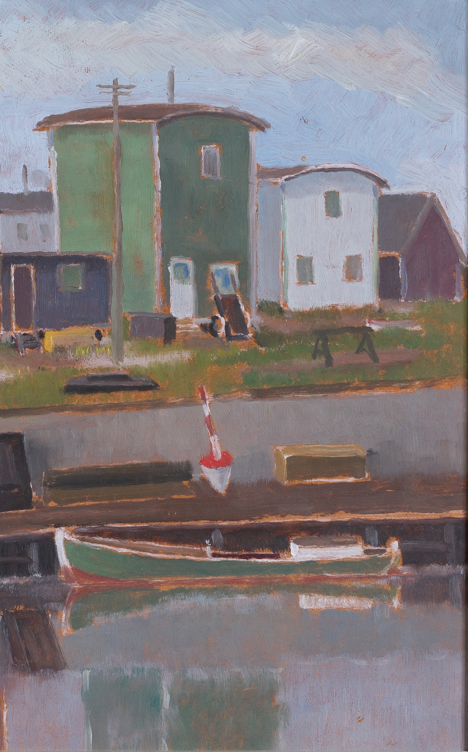 Original Vintage Mid Century Harbor Oil Painting From Sweden