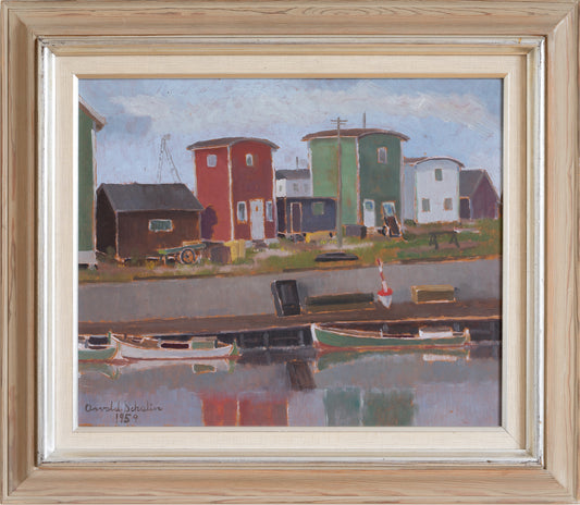 Original Vintage Mid Century Harbor Oil Painting From Sweden