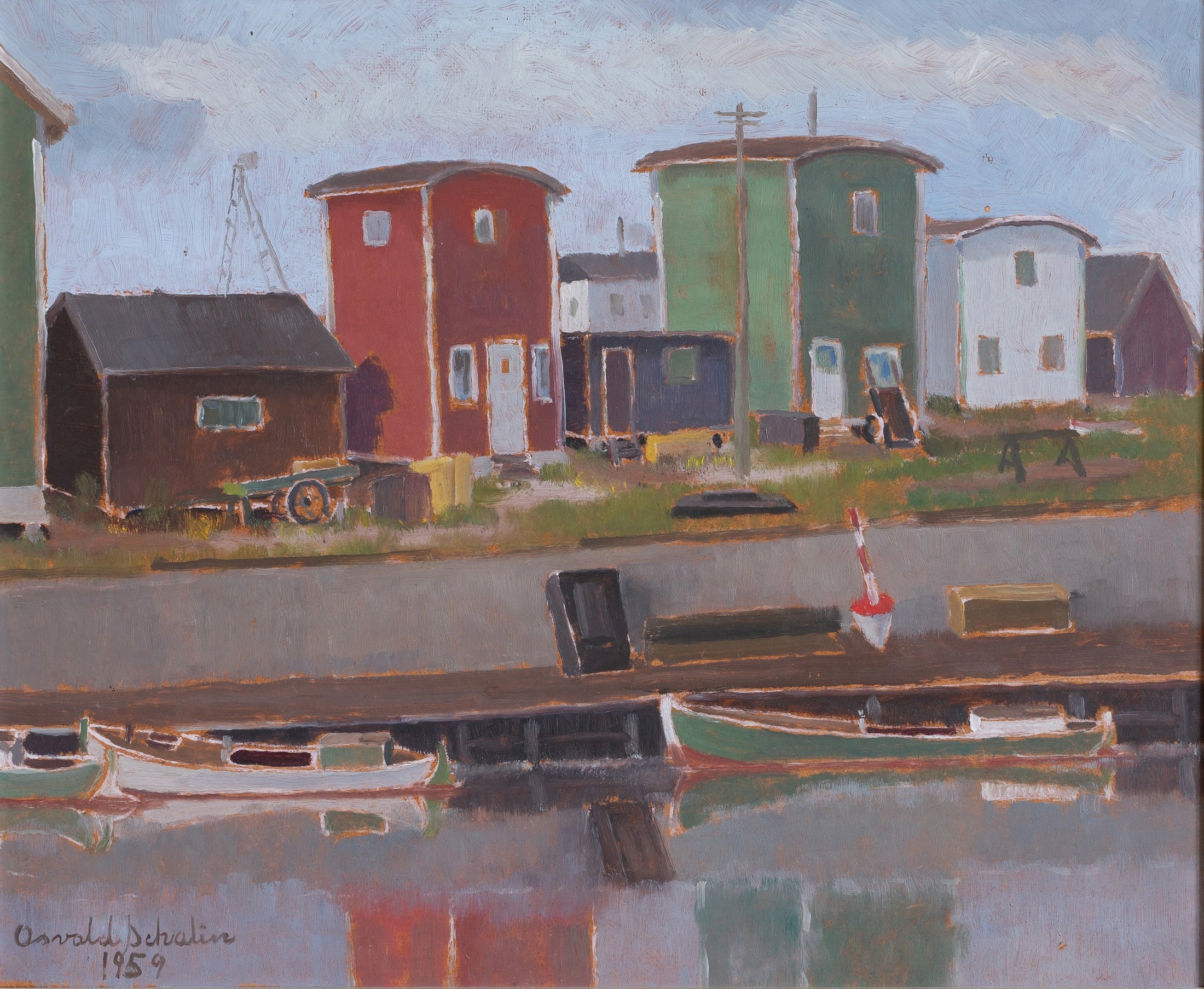 Original Vintage Mid Century Harbor Oil Painting From Sweden