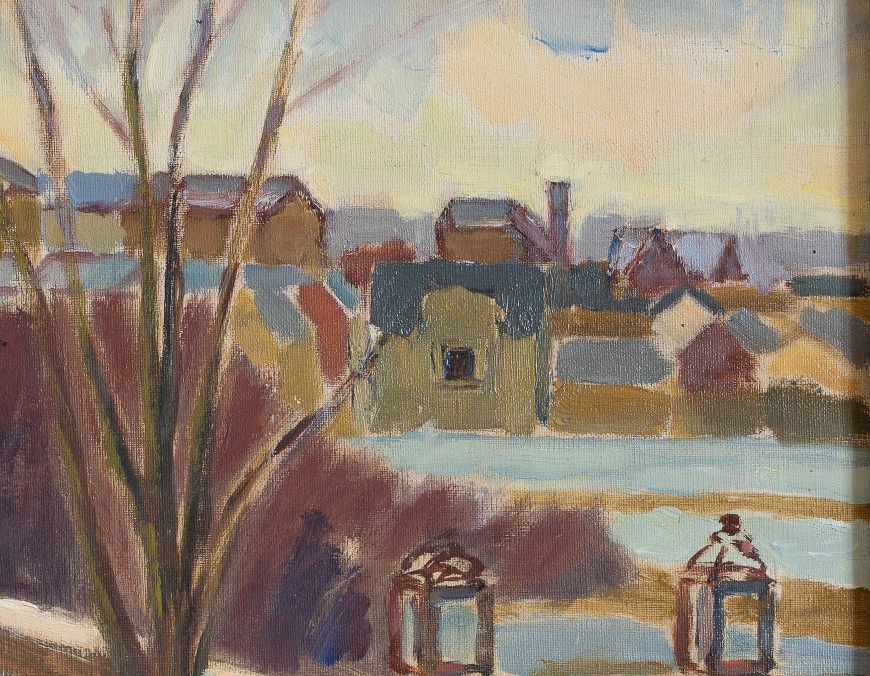 Vintage Art Mid Century Cityscape Oil Painting From Sweden