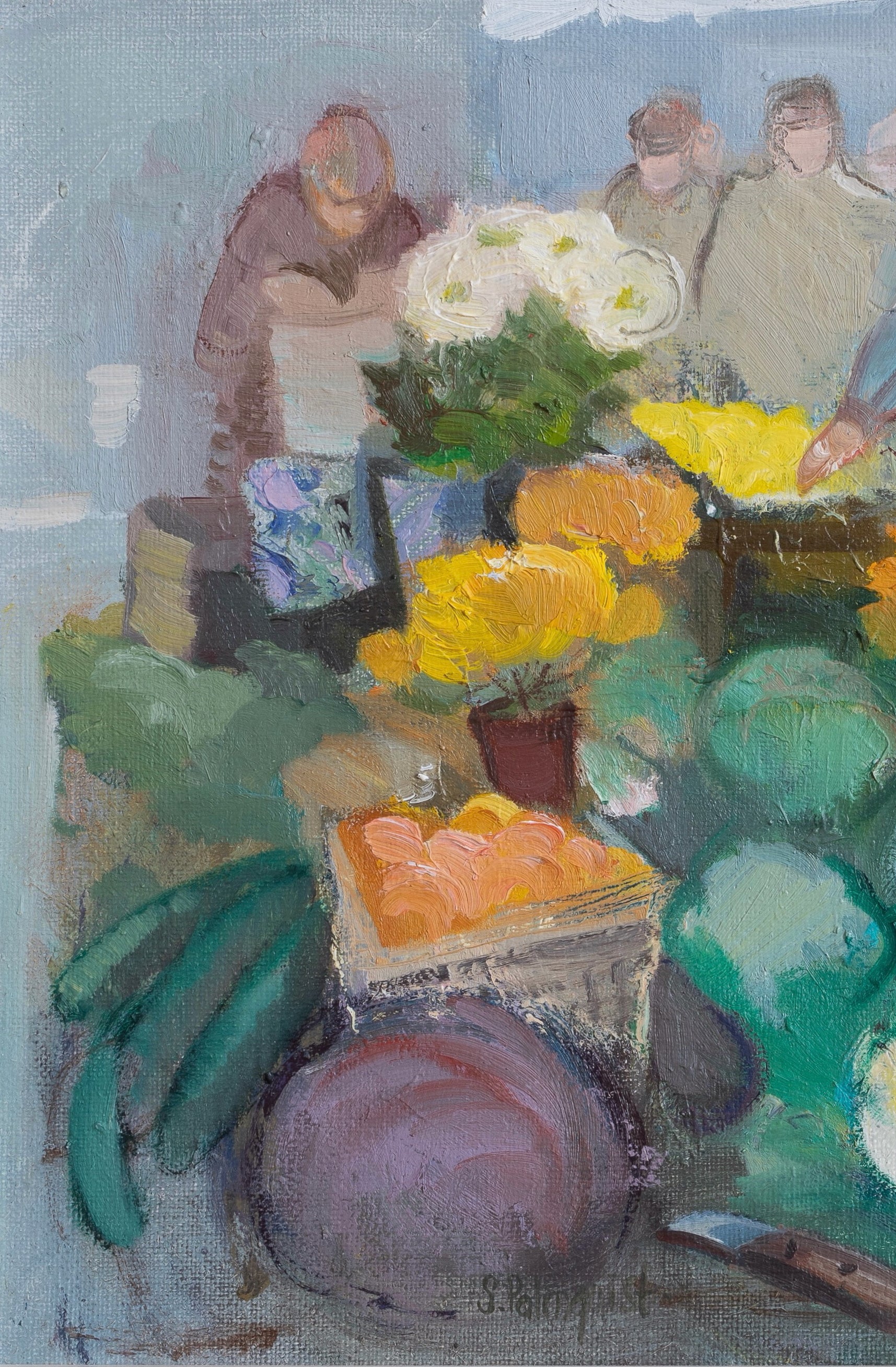 Colorful Vintage Oil Painting of Outdoor Market from Sweden