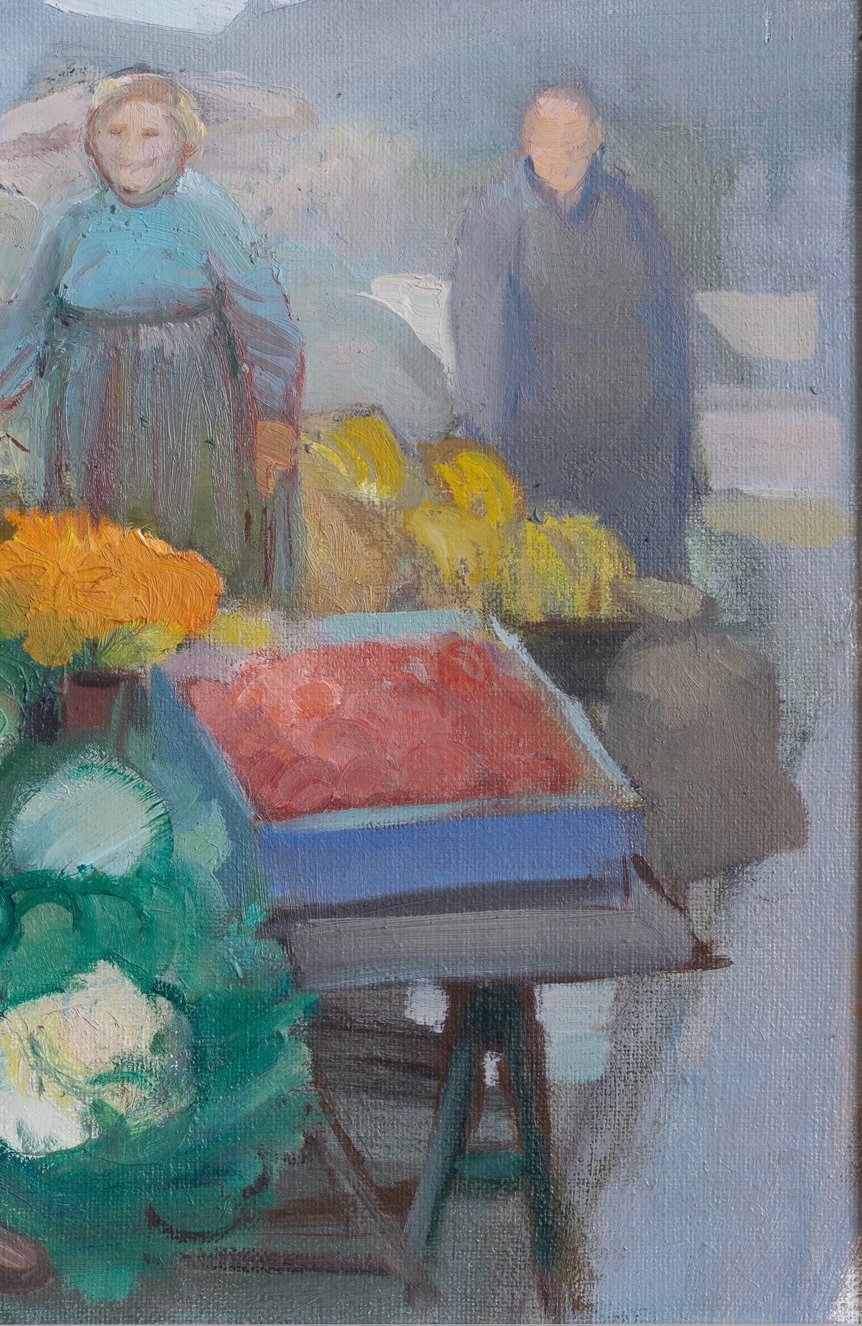 Colorful Vintage Oil Painting of Outdoor Market from Sweden