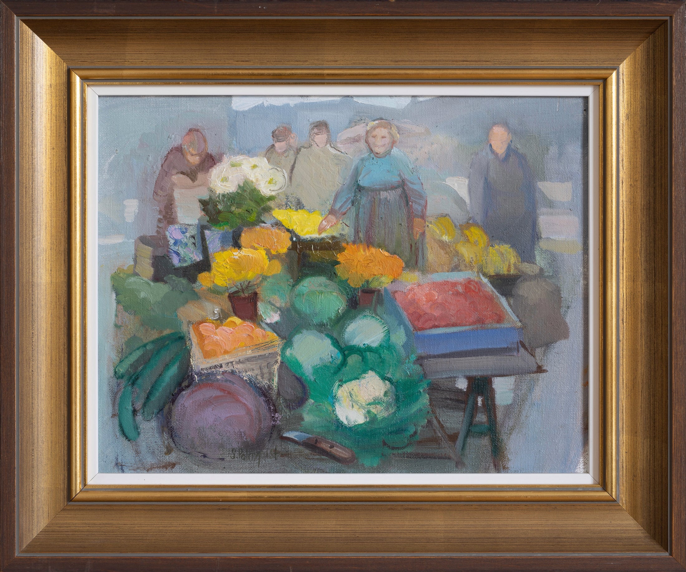 Colorful Vintage Oil Painting of Outdoor Market from Sweden