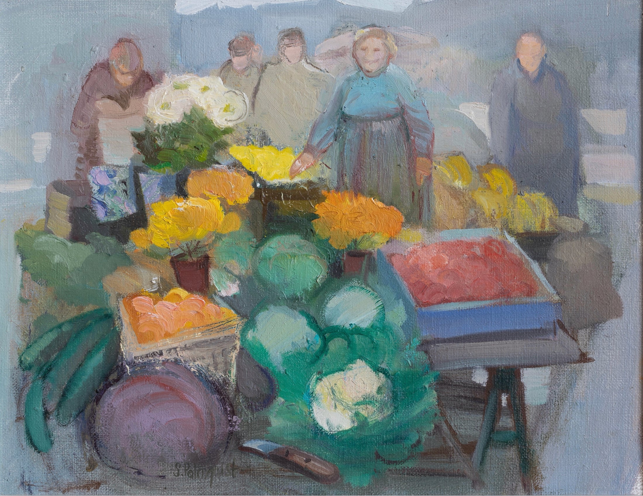 Colorful Vintage Oil Painting of Outdoor Market from Sweden