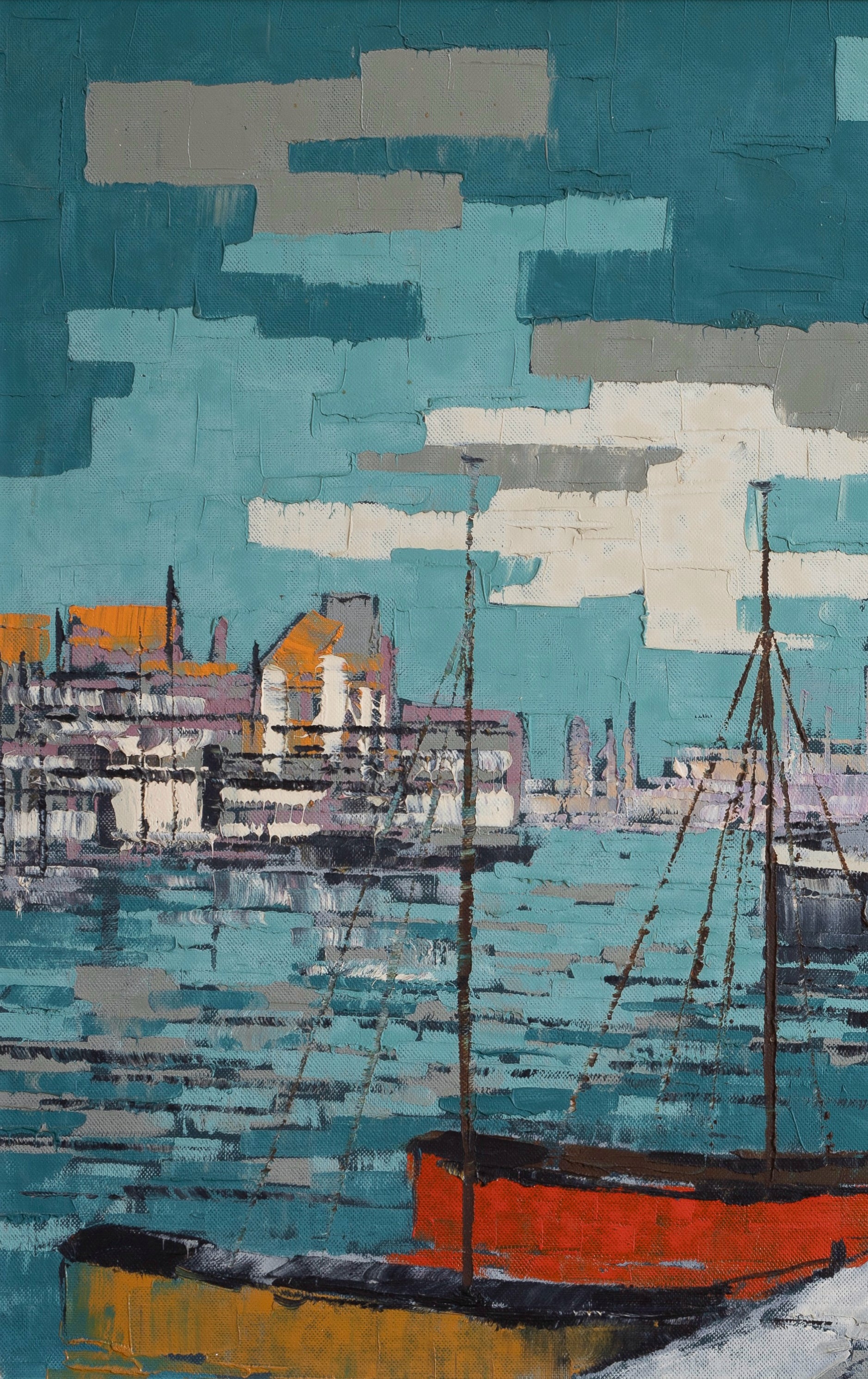Colorful Original Mid Century Harbor Oil Painting from Sweden 1965