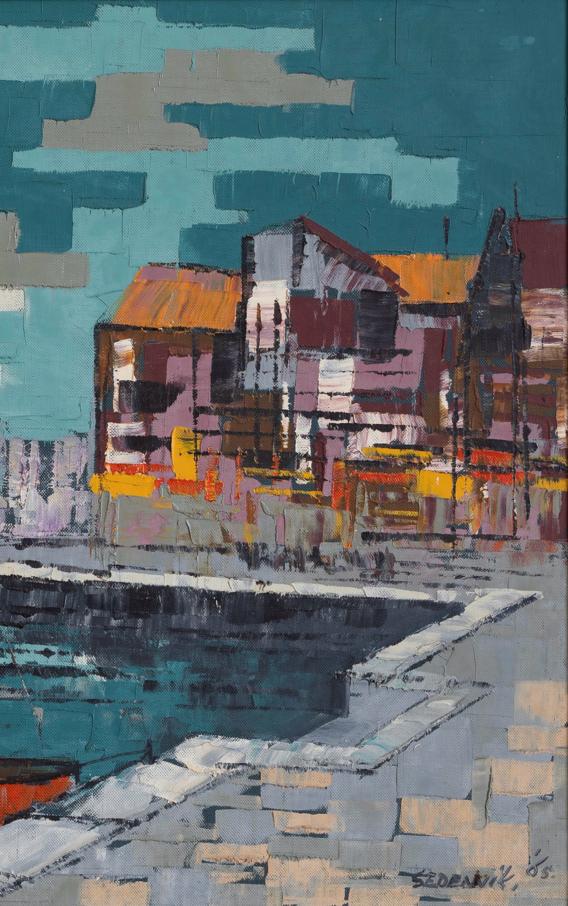 Colorful Original Mid Century Harbor Oil Painting from Sweden 1965