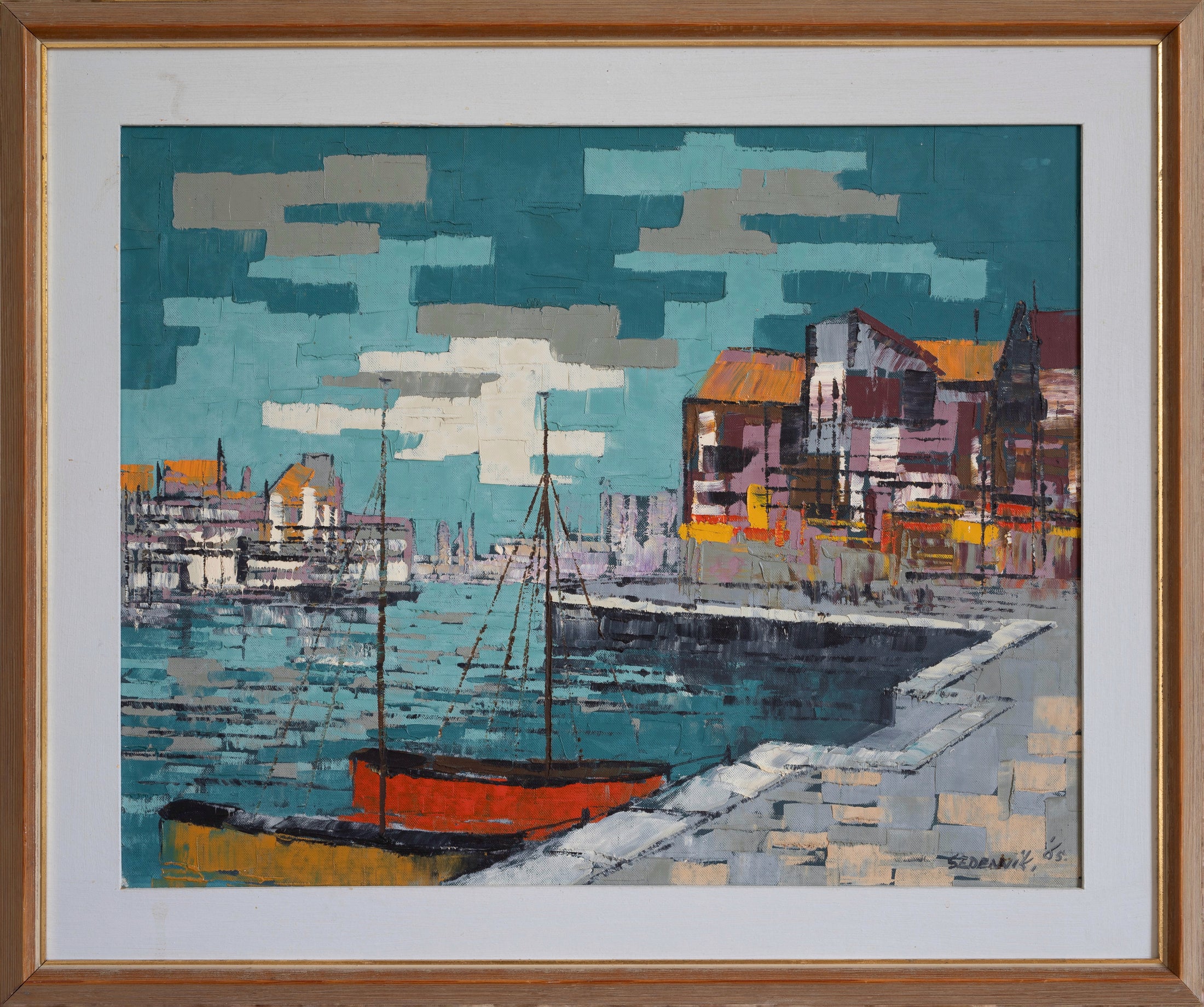 Colorful Original Mid Century Harbor Oil Painting from Sweden 1965