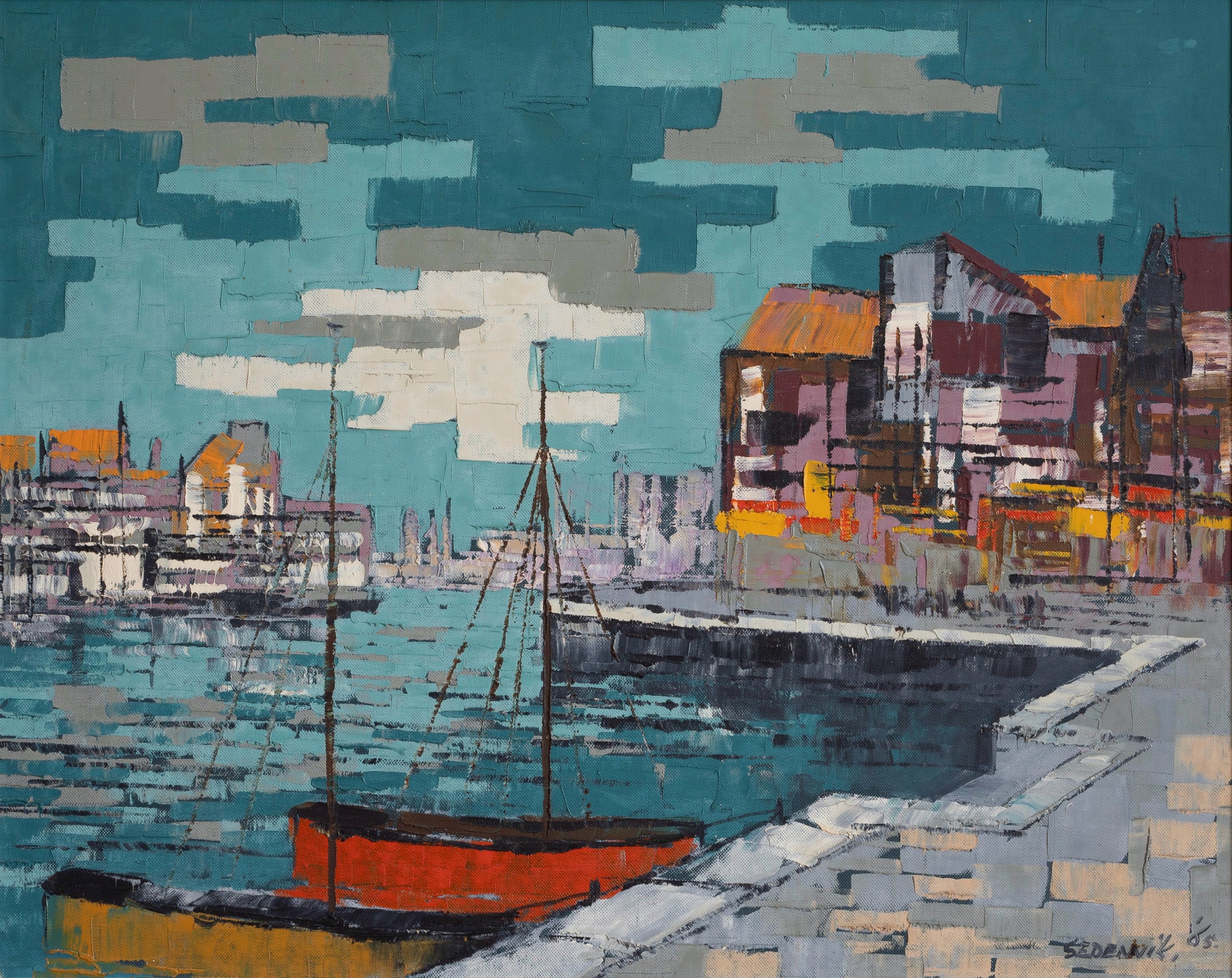 Colorful Original Mid Century Harbor Oil Painting from Sweden 1965