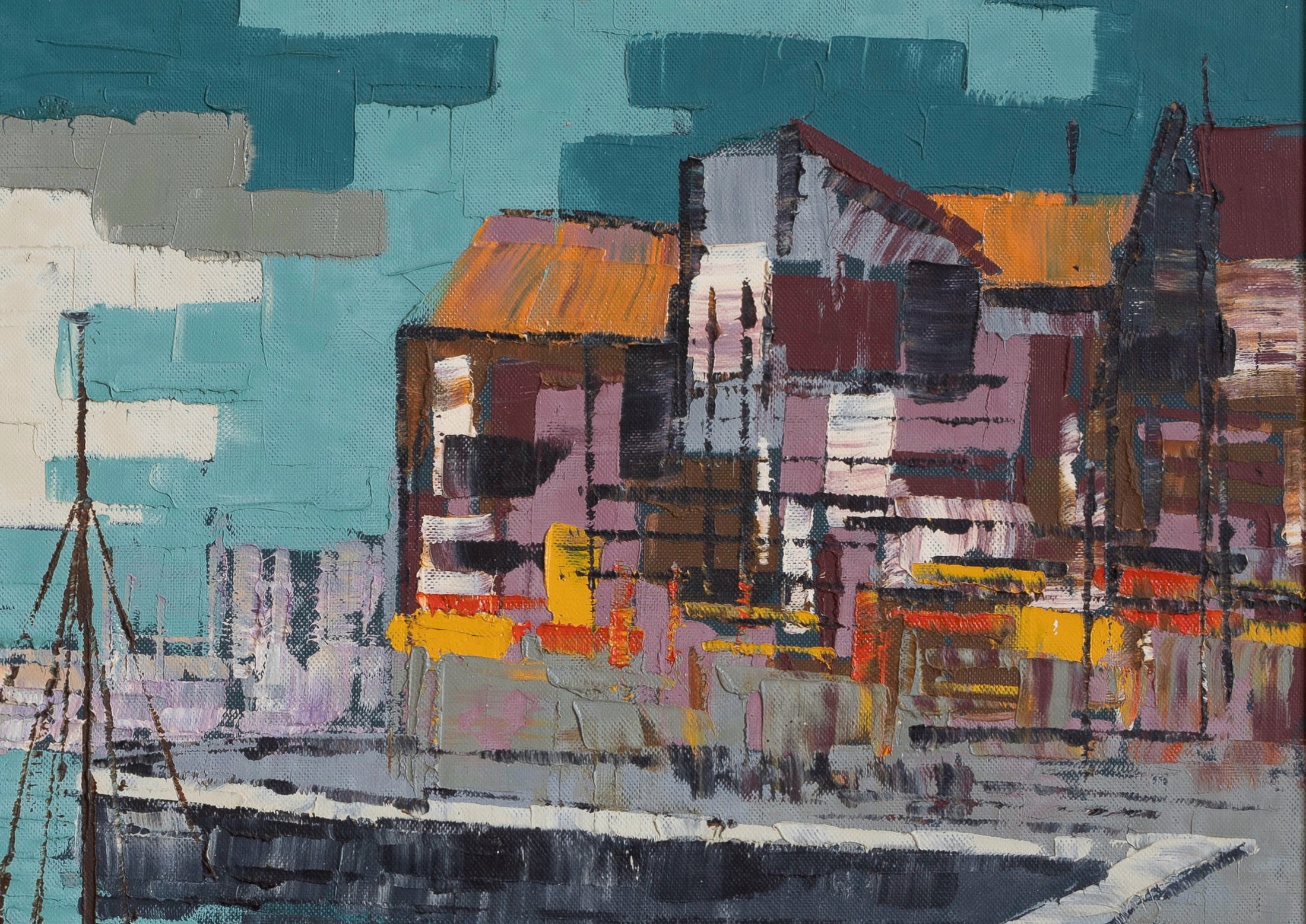 Colorful Original Mid Century Harbor Oil Painting from Sweden 1965