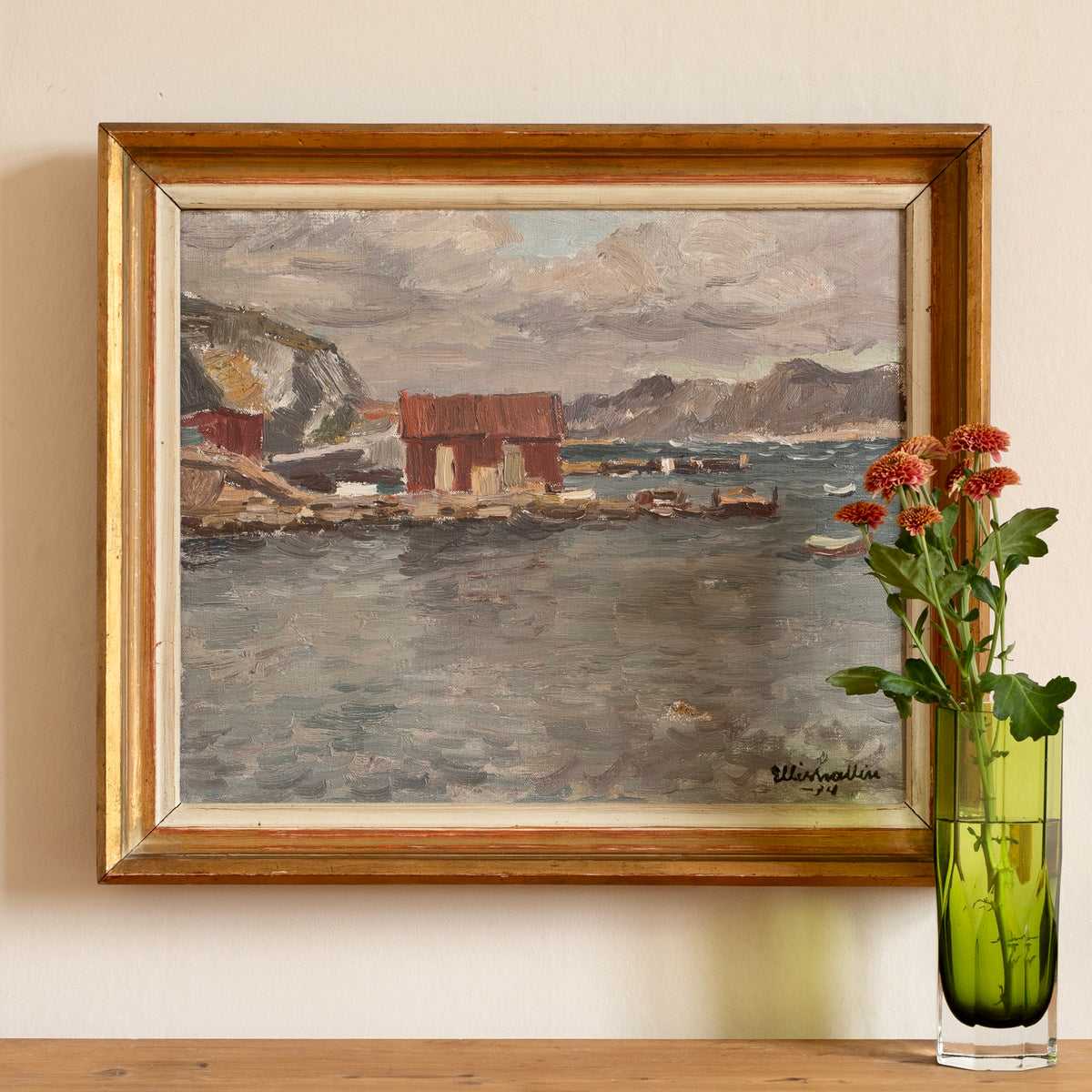 Vintage Art Room Original Coastal Oil Painting from Sweden 1934