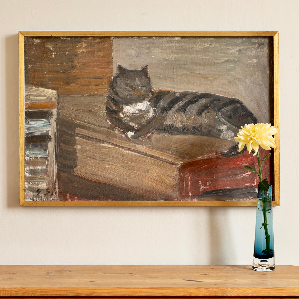 Vintage Mid Century Interior Oil Painting with Cat From Sweden