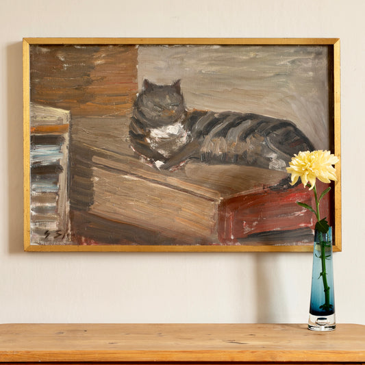 Vintage Mid Century Interior Oil Painting with Cat From Sweden