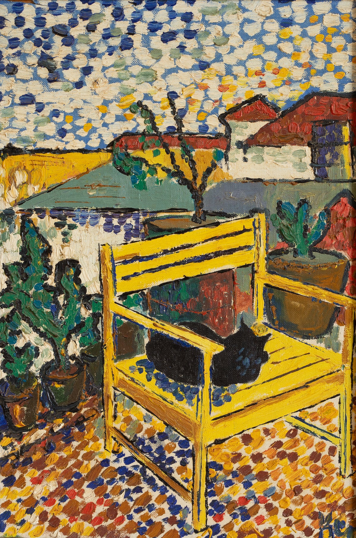 Vintage Original Landscape with Cat Painting from Sweden