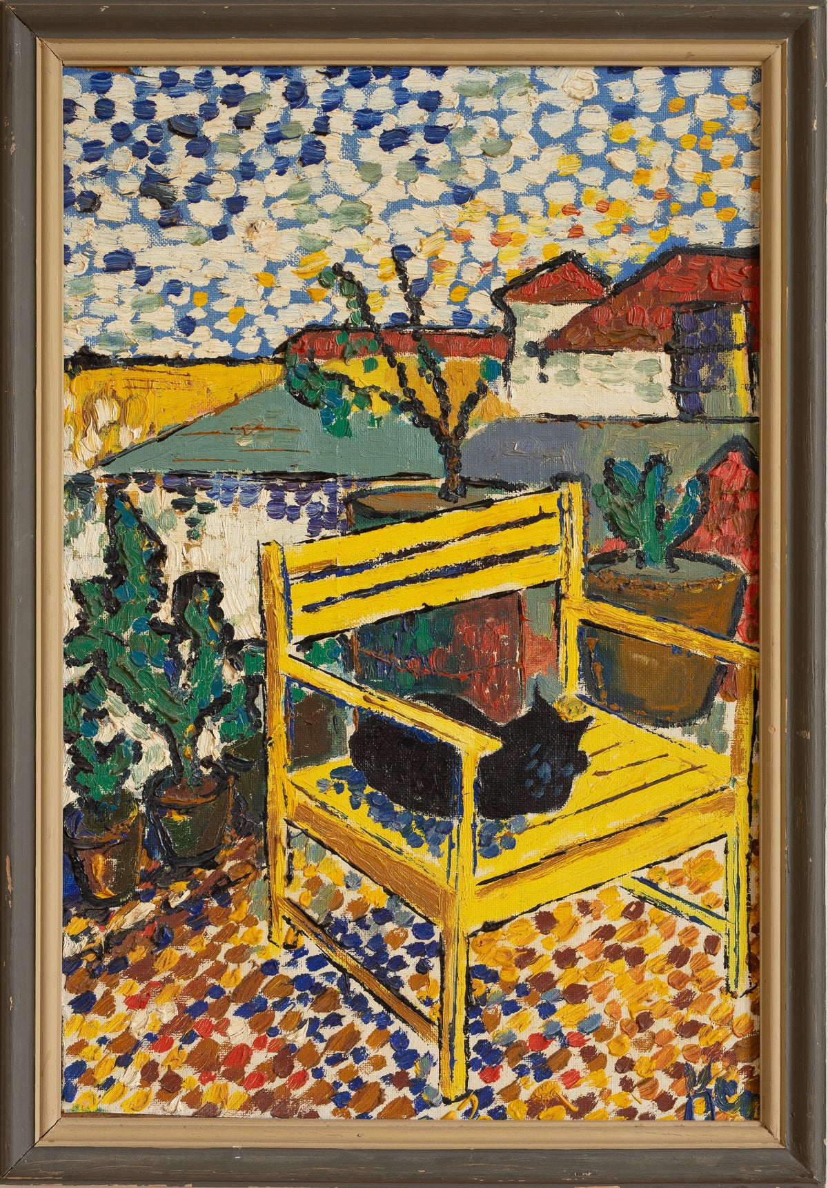 Vintage Original Landscape with Cat Painting from Sweden