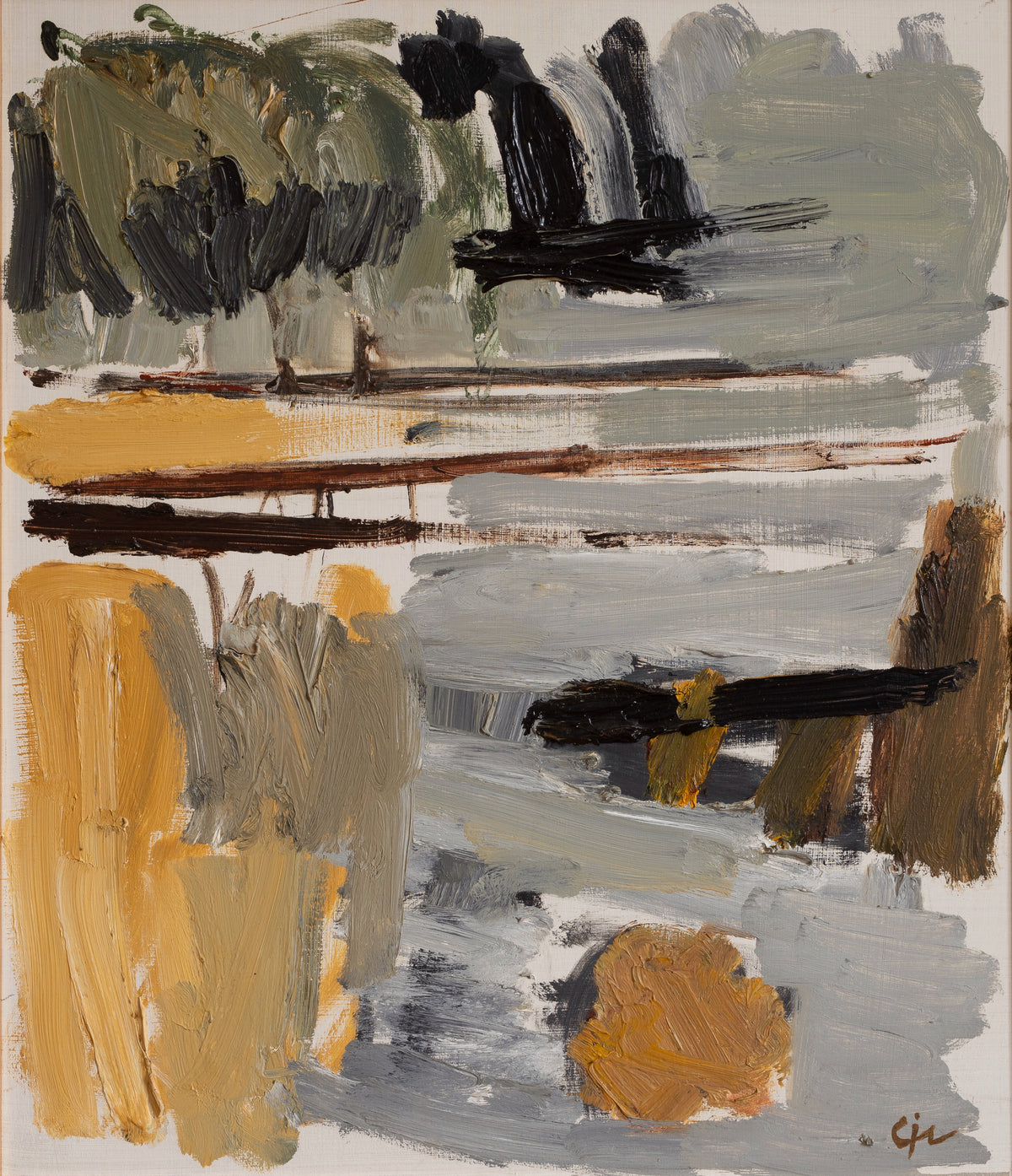 Vintage Art Semi Abstract Landscape Original Oil Painting from Sweden