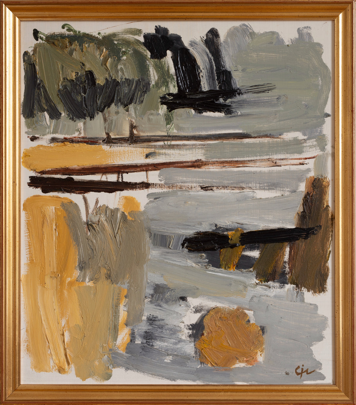 Vintage Art Semi Abstract Landscape Original Oil Painting from Sweden