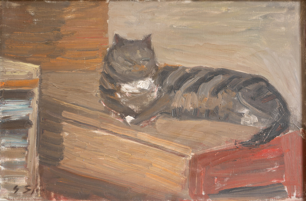 Vintage Mid Century Interior Oil Painting with Cat From Sweden