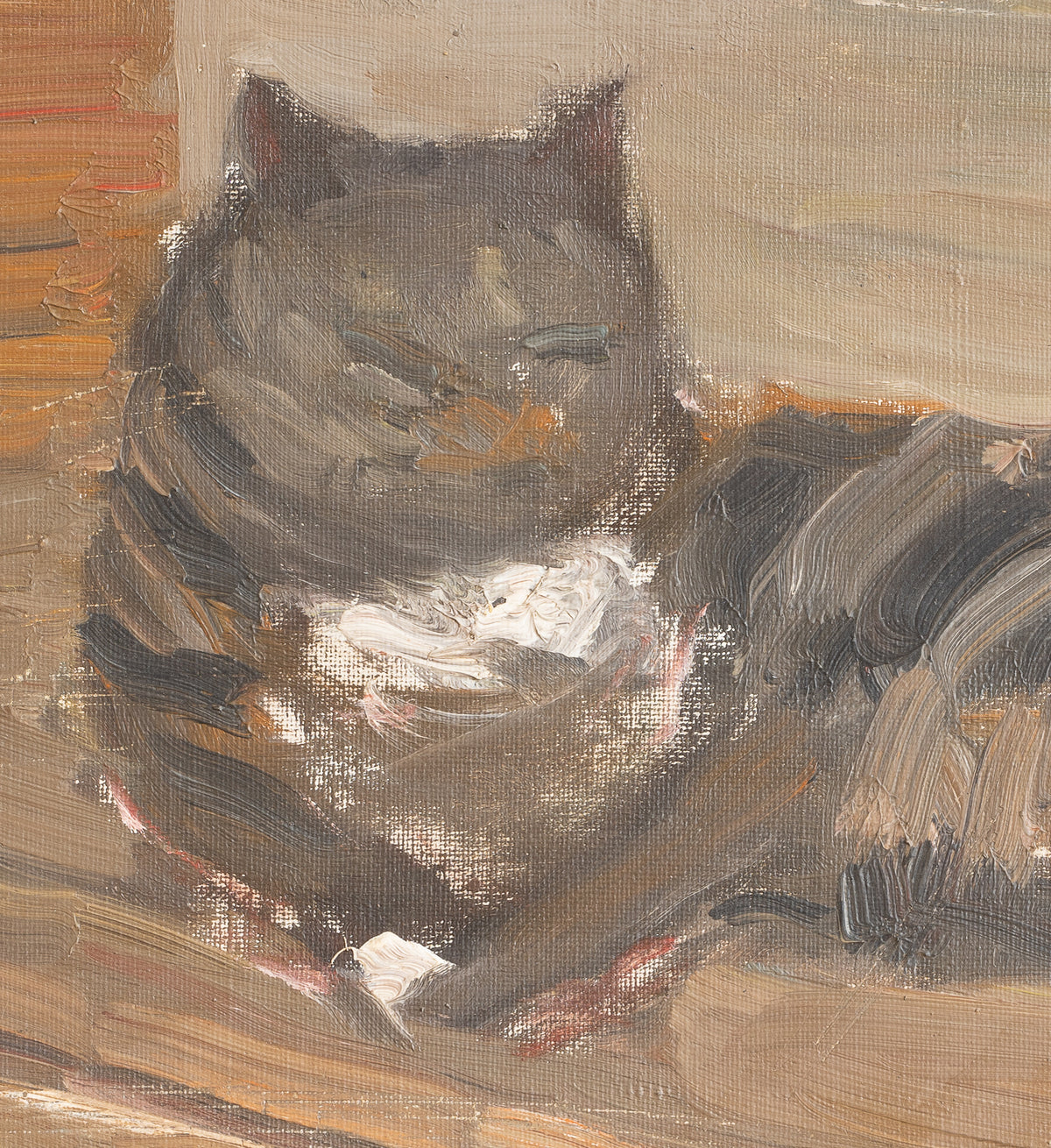 Vintage Mid Century Interior Oil Painting with Cat From Sweden