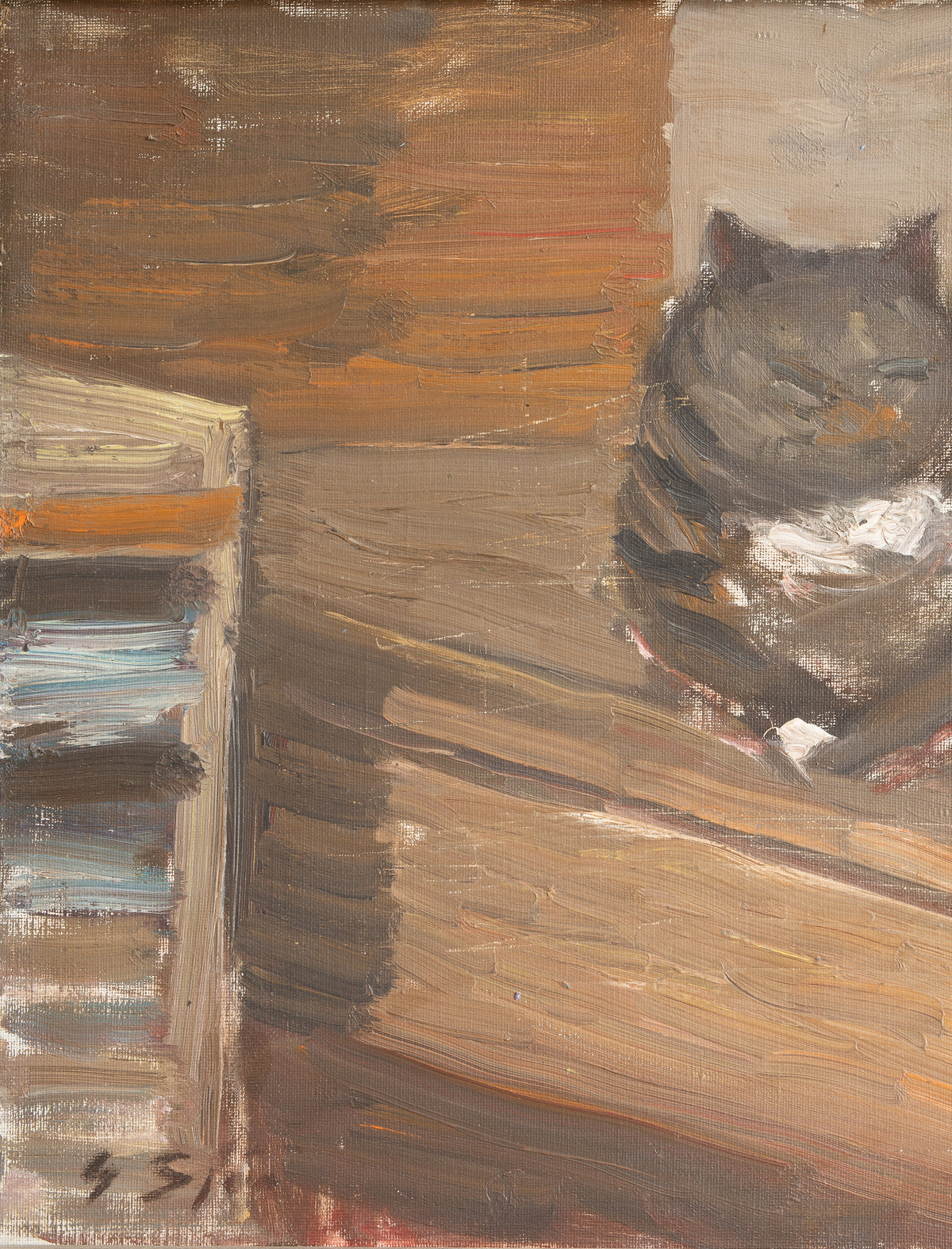 Vintage Mid Century Interior Oil Painting with Cat From Sweden