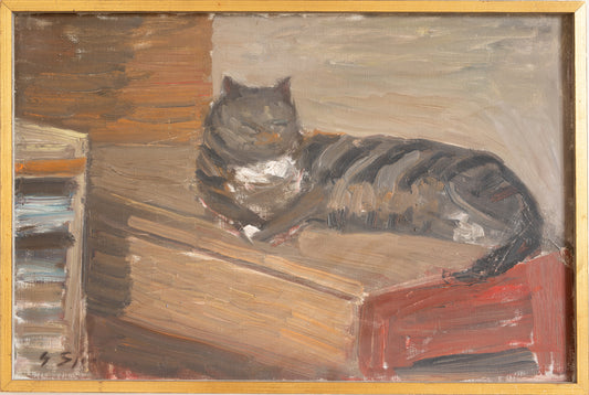 Vintage Mid Century Interior Oil Painting with Cat From Sweden